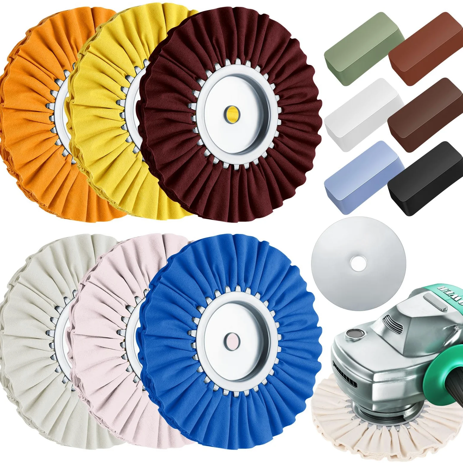 Amylove Kit de pulido de ruedas de aluminio de 8 pulgadas de diámetro, agujero de eje de 5/8 pulgadas, compuesto de pulido de brida de seguridad y rueda de pulido de metal de aluminio para espejo de