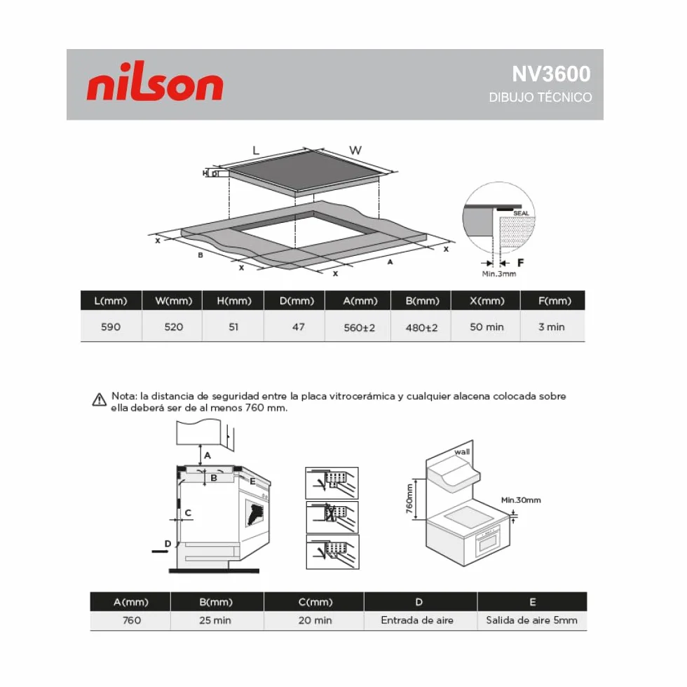 Nilson Placa Vitrocerámica Cristal Negro NV3600 5700W 3 Zonas Cocción 9 Niveles Control Táctil