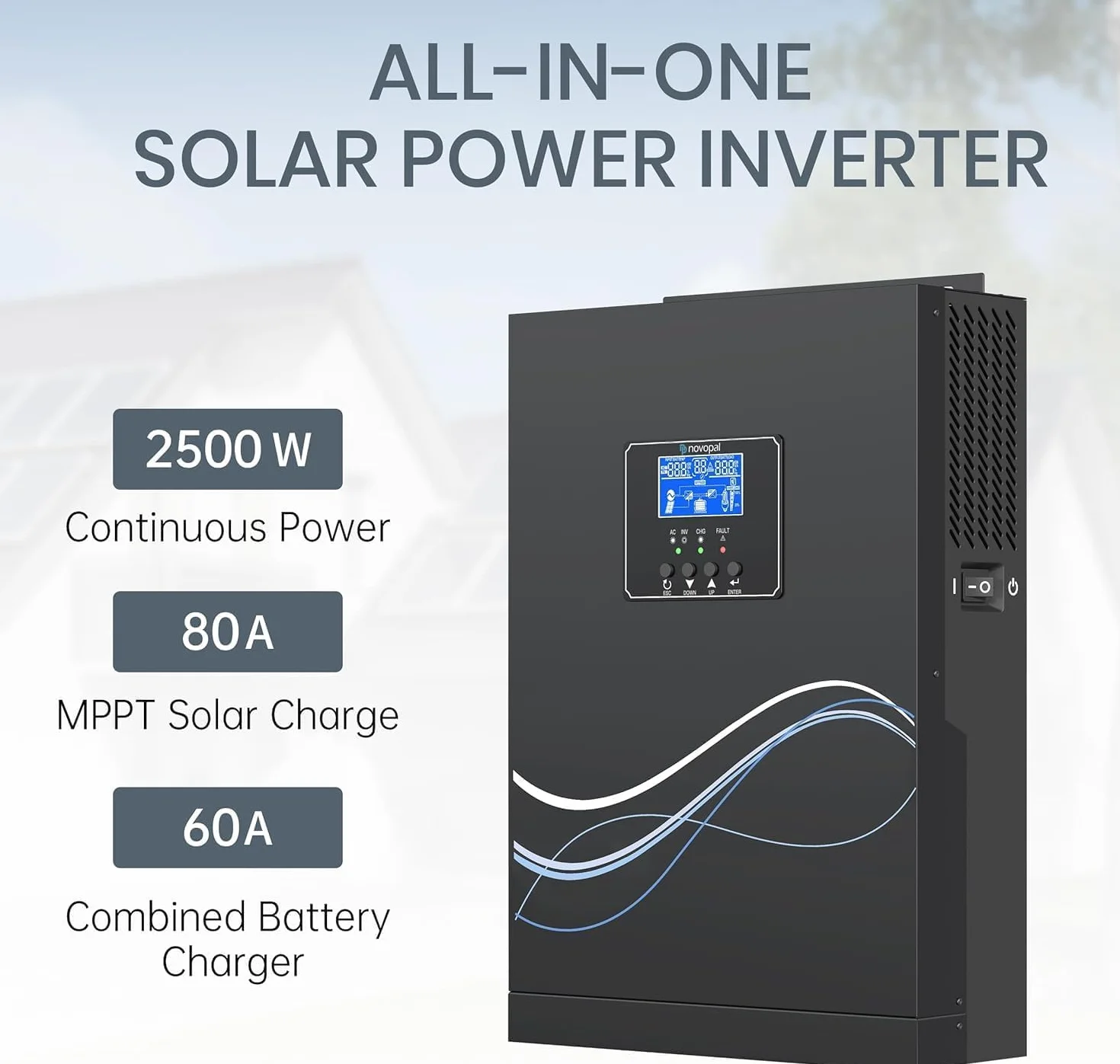 NOVOPAL Inversor Solar Híbrido 2500W Off-Grid Onda sinusoidal Pura Cargador MPPT Integrado de 80A de 24 V CC a 230, máximo PV 50-430 VDC para baterías de Plomo y Litio