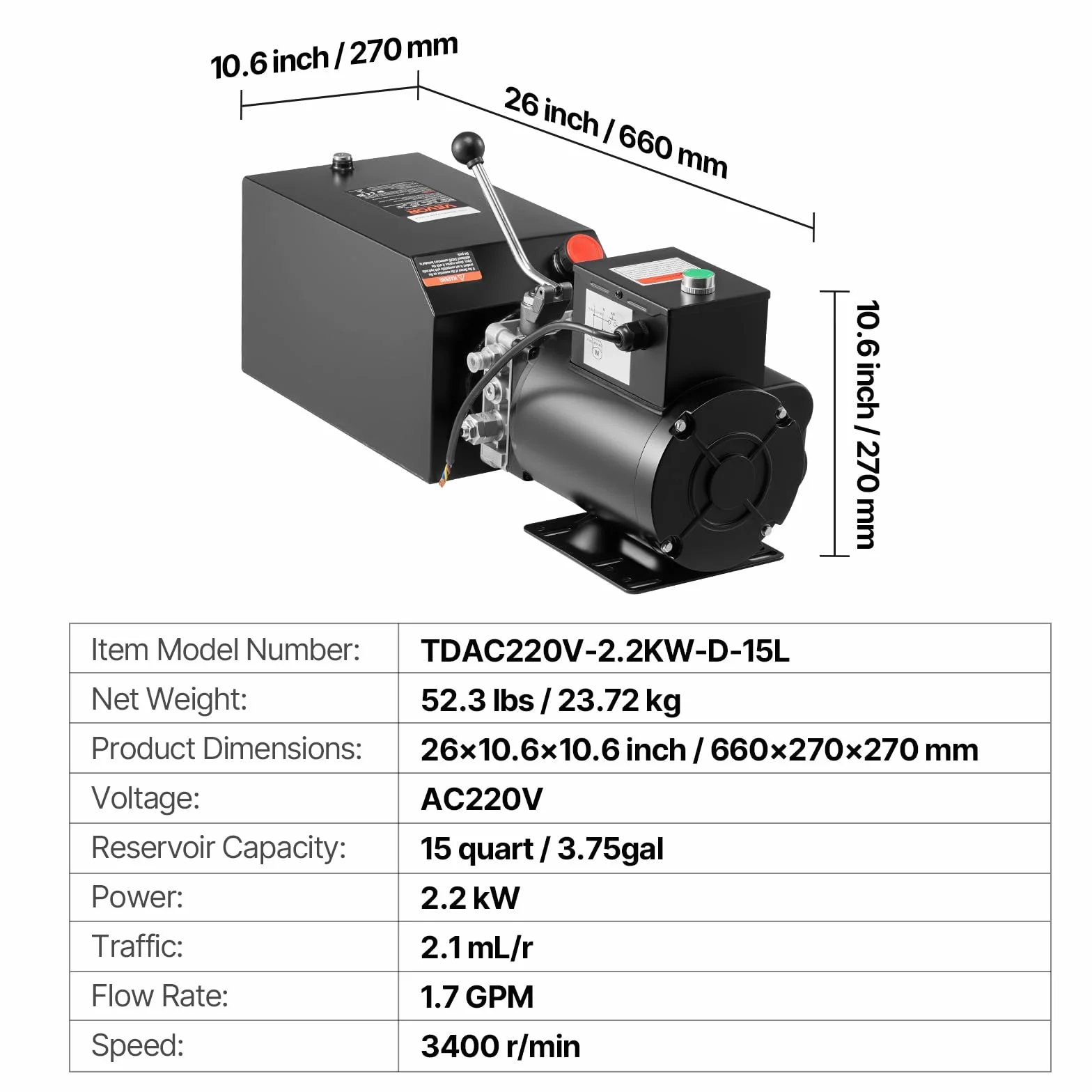 VEVOR Bomba hidráulica, de simple efecto, caudal de aceite de 6,3 L/min, presión máxima de descarga de 22 MPa para camiones, talleres mecánicos y elevadores de vehículos, negro, 660 x 270 x 270 mm