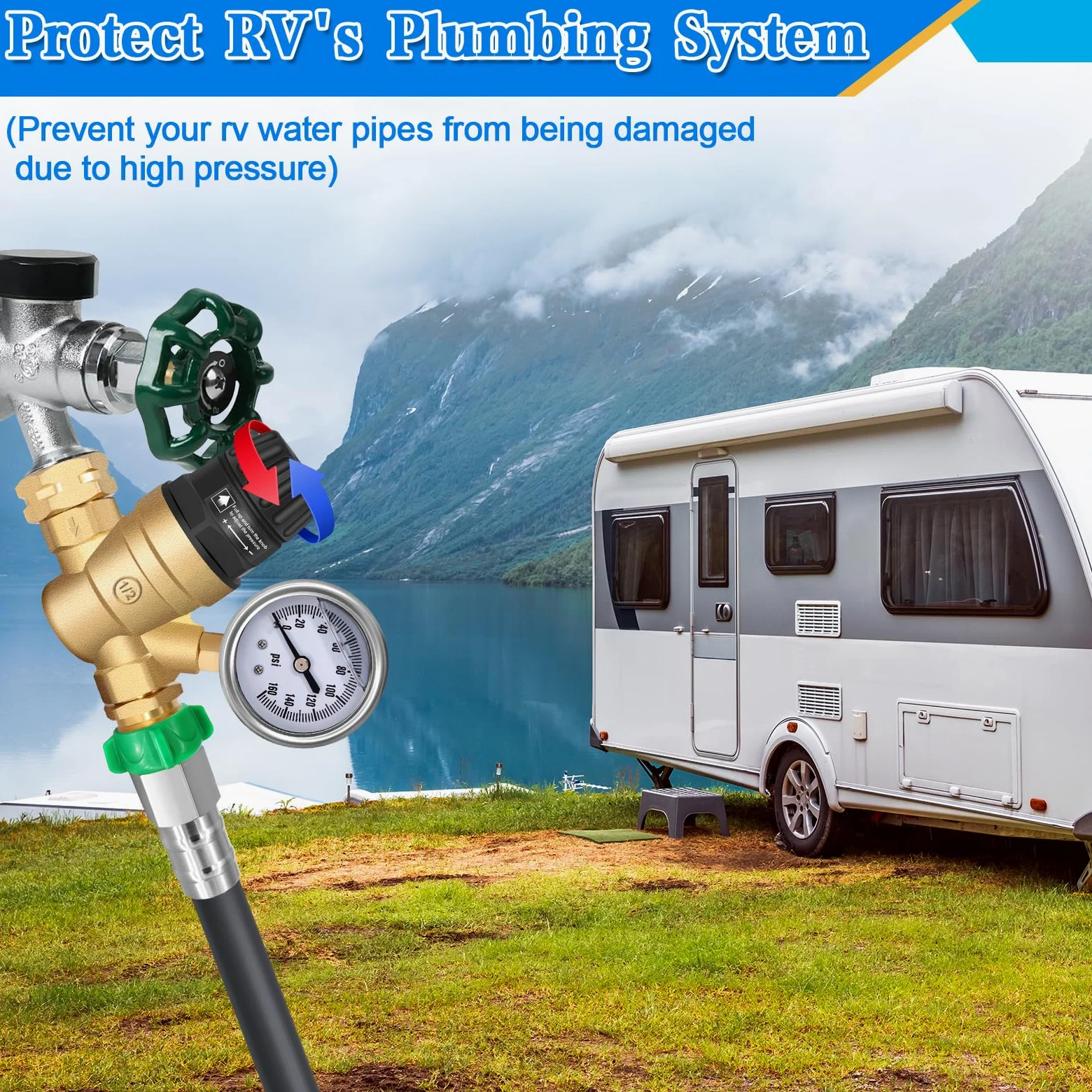 Regulador de presión de agua RV con mango ajustable, regulador de presión de agua para caravana, reductor de presión de agua mejorado para RV, ajuste de presión de agua RV estilo 1
