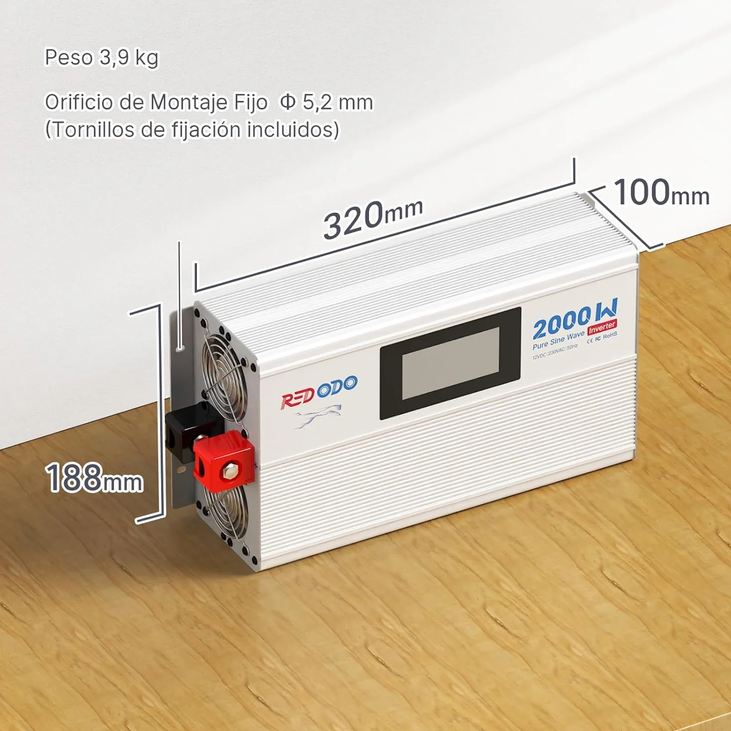 Redodo Inversor Onda Sinusoidal Pura 2000W 2V DC a 230V AC Convertidor para Camping,Inversor Energía Solar con 2xSalidas de CA,Pantalla de Monitorización con Visualización de Estado en Tiempo Real