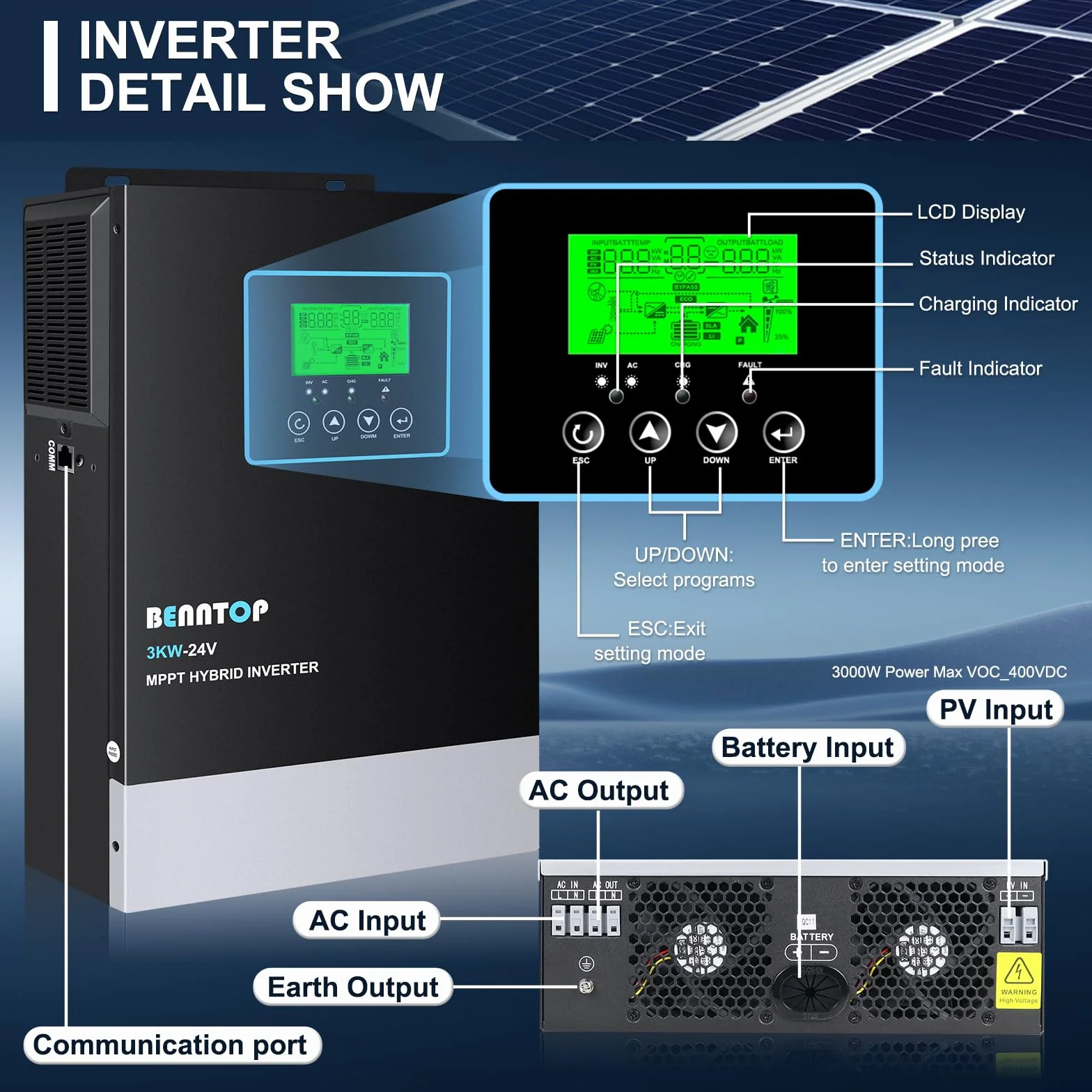 3000W Inversor híbrido 24V a 230v 220v Onda Pura Off-Grid Solar Inversor, con Controlador de Carga Solar MPPT de 80A Incorporado, MAX.PV 400Vdc,admite baterías de Plomo-ácido y Litio