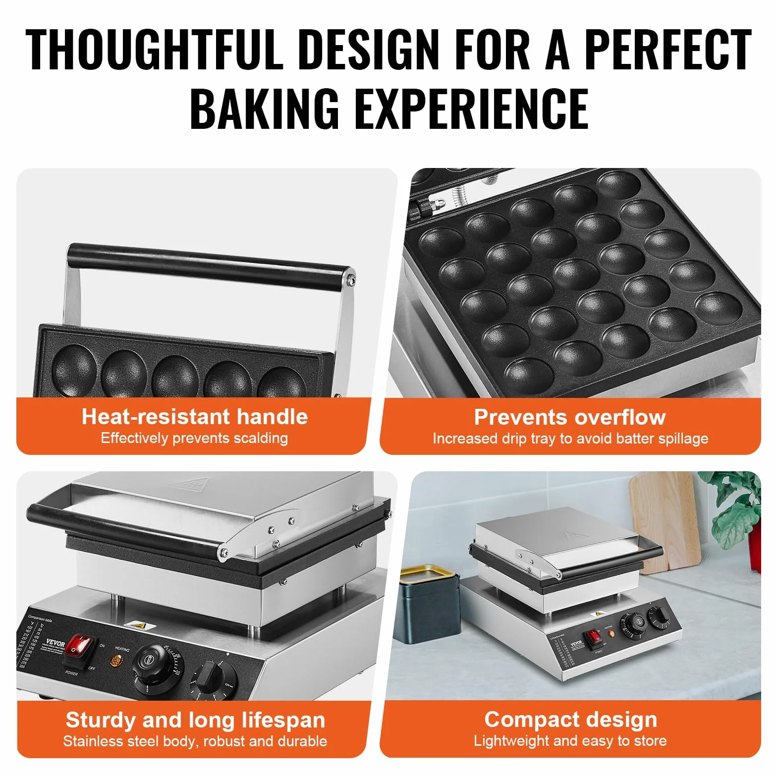 VEVOR Mini Máquina para Hacer Panqueques Holandesa, 43 mm diámetro,1700 W, Acero Inoxidable Antiadherente, Control de Temperatura y Tiempo, para Cocina Casera y Restaurante, 310 x 392 x 230 mm, 25P