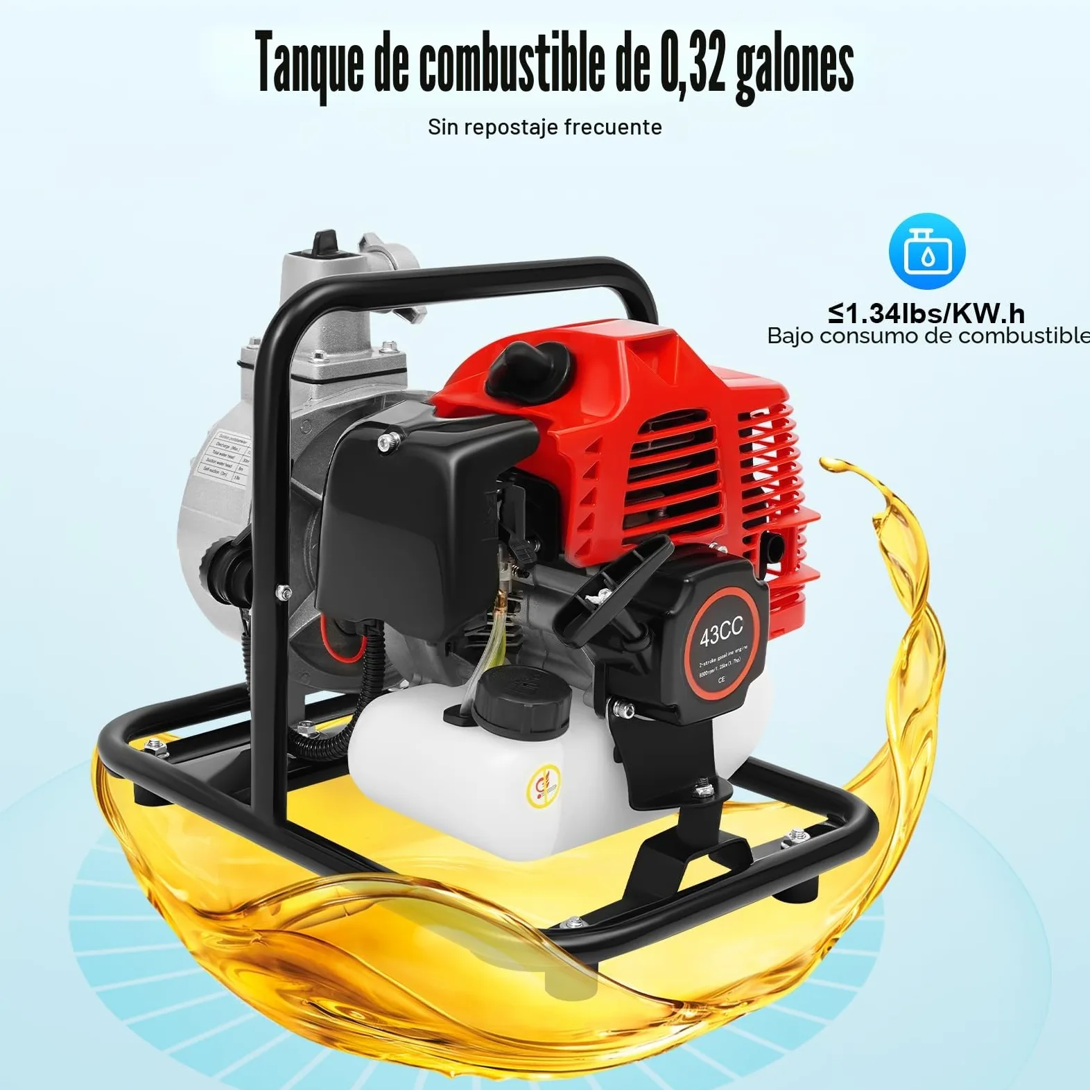 Bomba de agua para motor de gasolina de 2 tiempos, bomba de agua sucia, bomba de jardín, 1,25 kW