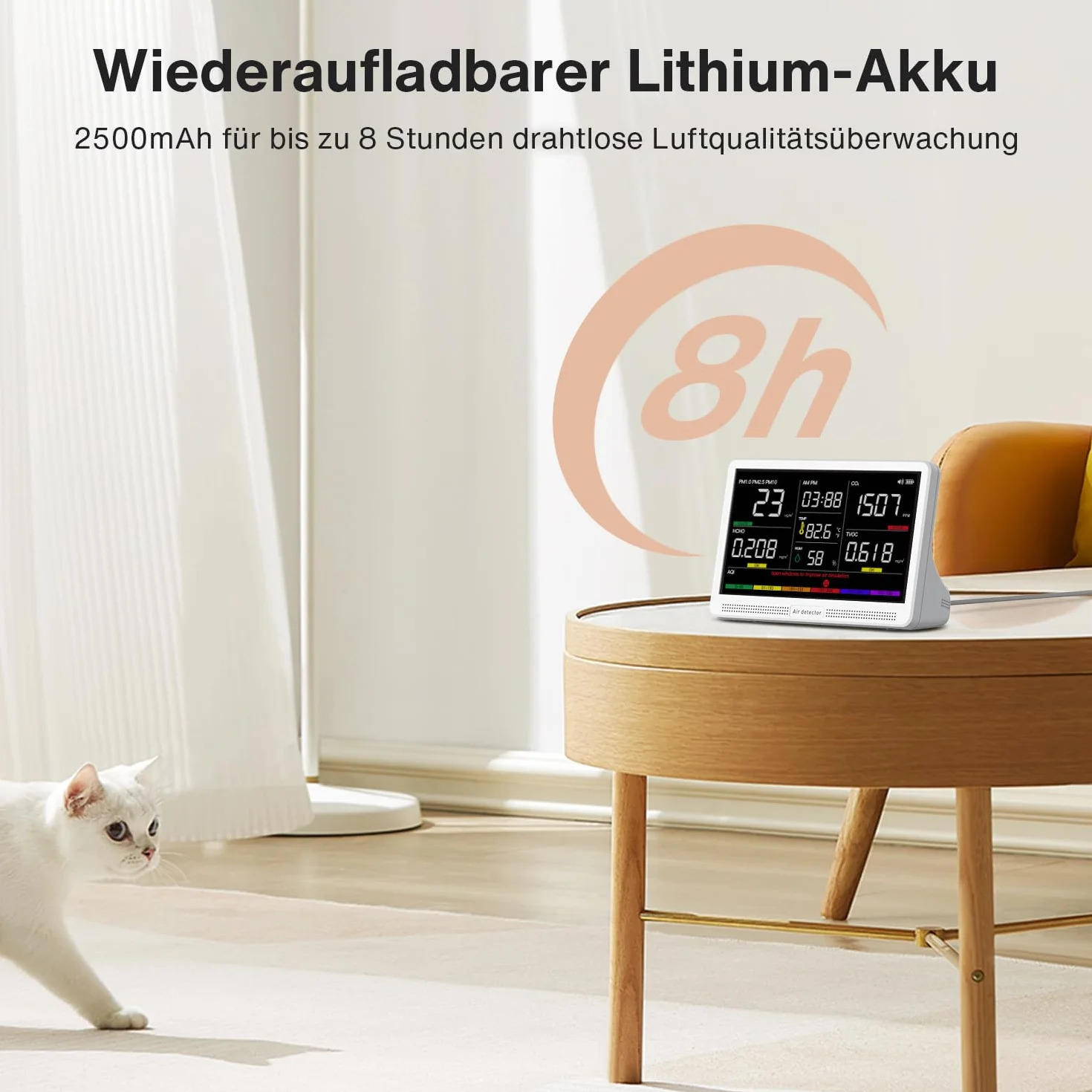 bonoch Monitor de Calidad del Aire 16 en 1 para Interiores con Pantalla de 7" – 9 AQI + 7 Alertas AQI – Medidor de CO2, TVOC, PM2.5, PM1.0, PM10, HCHO, Temperatura, Humedad, AQI y Hora – Para Hogar