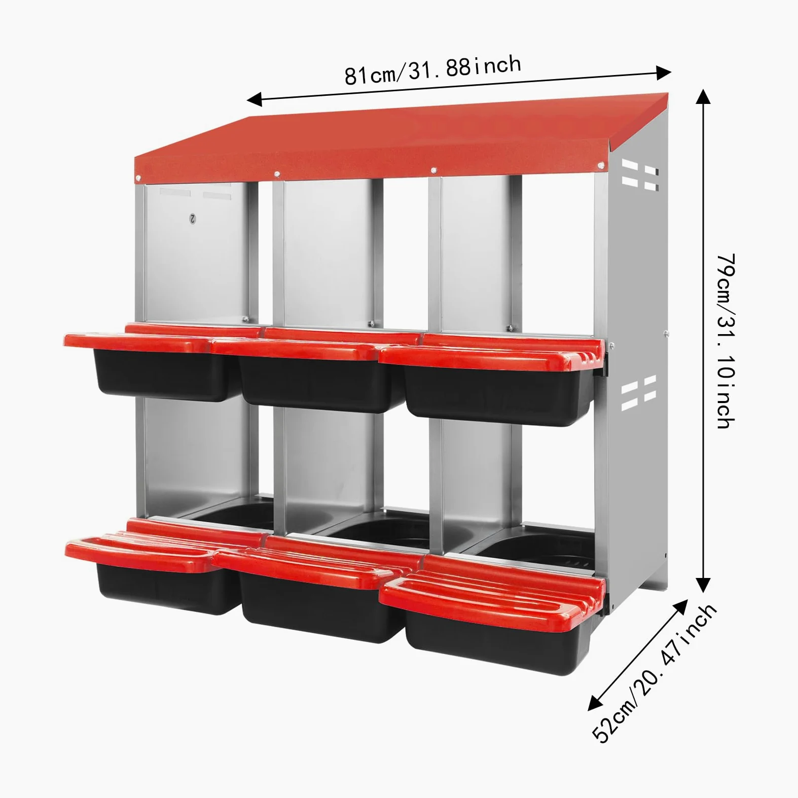 Nido para pollos, 6 compartimentos de metal para montaje en pared, con agujeros en el suelo para diferentes razas de pollos, 81 x 52 x 79 cm (rojo)