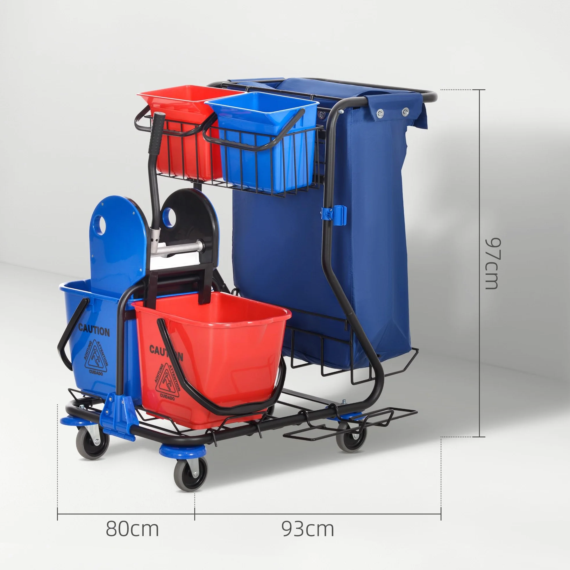 HOMCOM Carro de Limpieza con Bolsa de Basura Carro de Servicio con Doble Cubo de 18 litros Escurridor de Prensa 2 Cubetas Auxiliares 93x80x97 cm Rojo y Azul