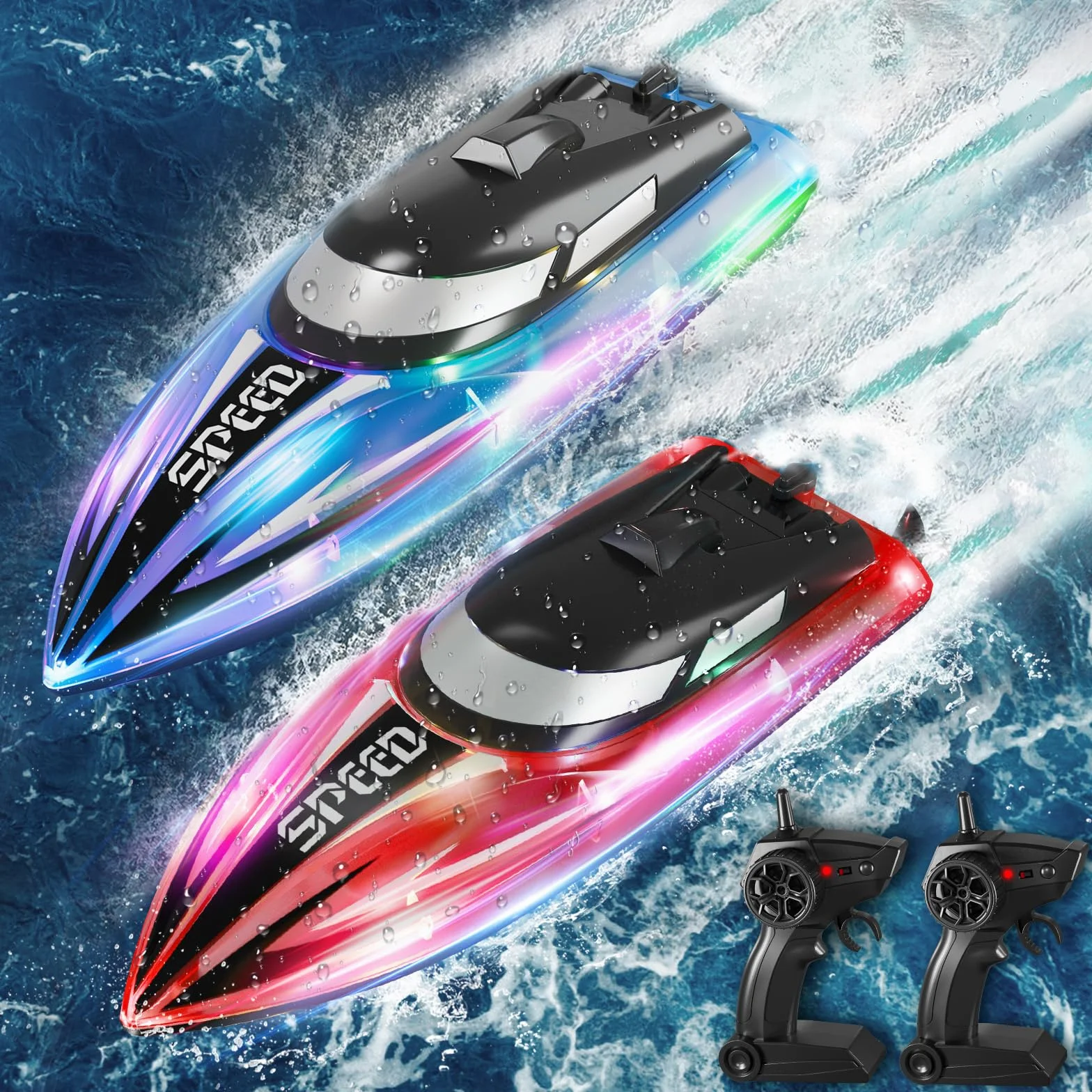 Barco Teledirigido 2.4GHz con Luces LED, Alarma de Batería Baja, 2 Piezas, RC Regalo para Niños y Adultos (Rojo + Azul)