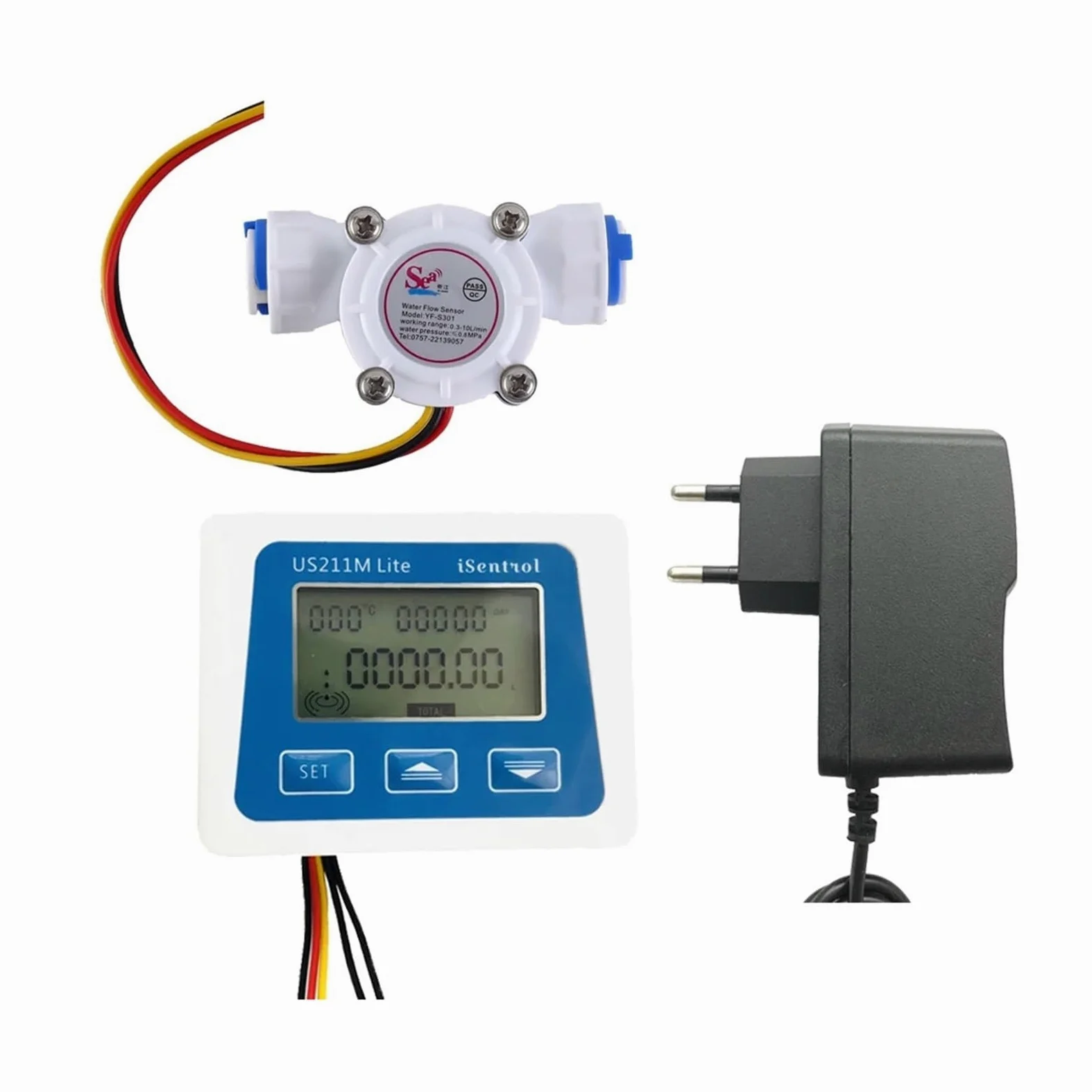 Medidor de Flujo Digital portátil y Sensor de Flujo de Agua de turbina Barato YF-S301 0.3-10LPM Agua fría 60 Grados(Whole Set)