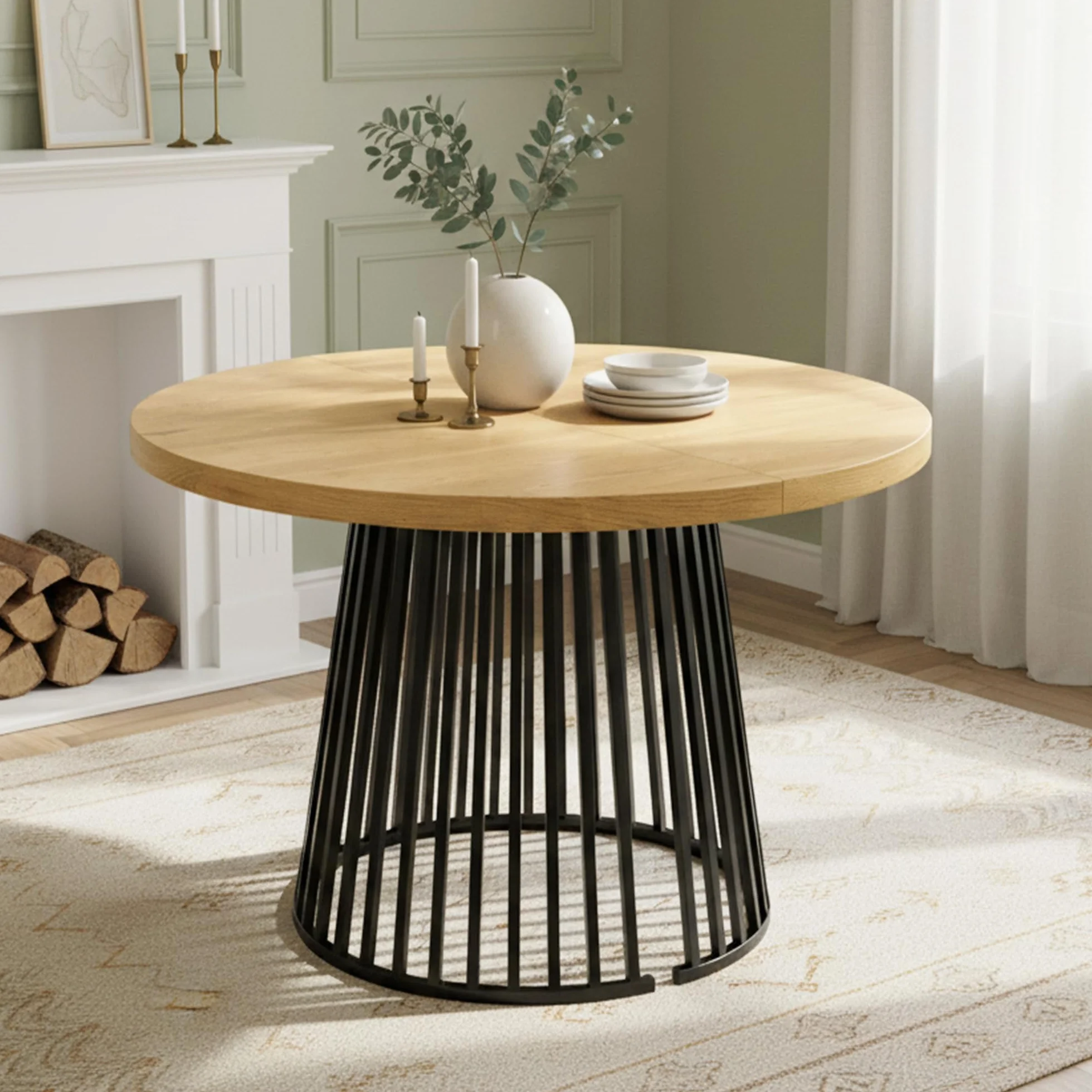 Wiuzo Mesa de comedor extensible de 100/138/176 x 100 cm, mesa de comedor redonda para 4-8 personas, diseño telescópico de dos piezas, tablero grueso (color roble + negro)