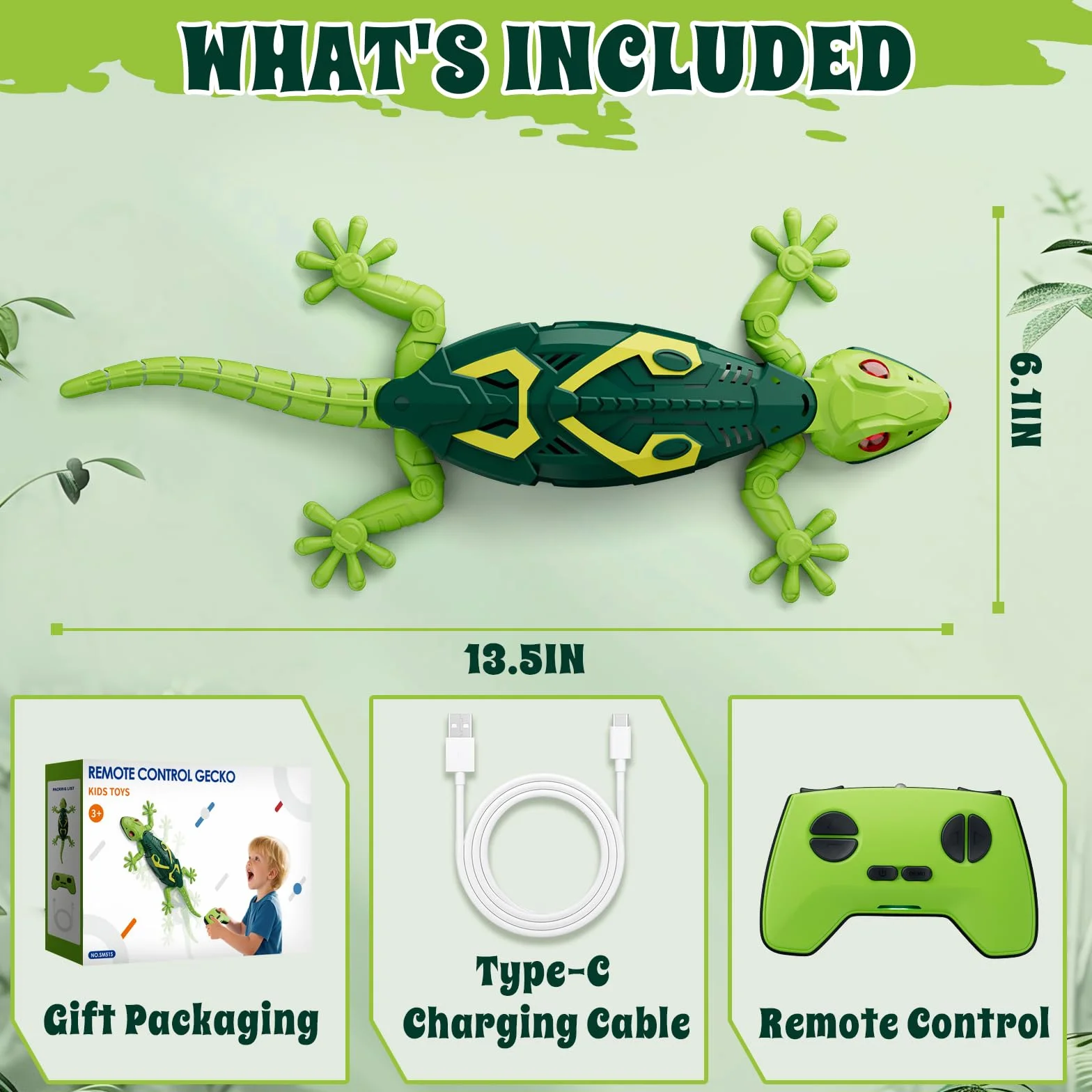 HYES Wall Crawler Gecko, Robot Lagarto Realista con Ojos Luminosos, Juguete Control Remoto para Niños 3-8 Años