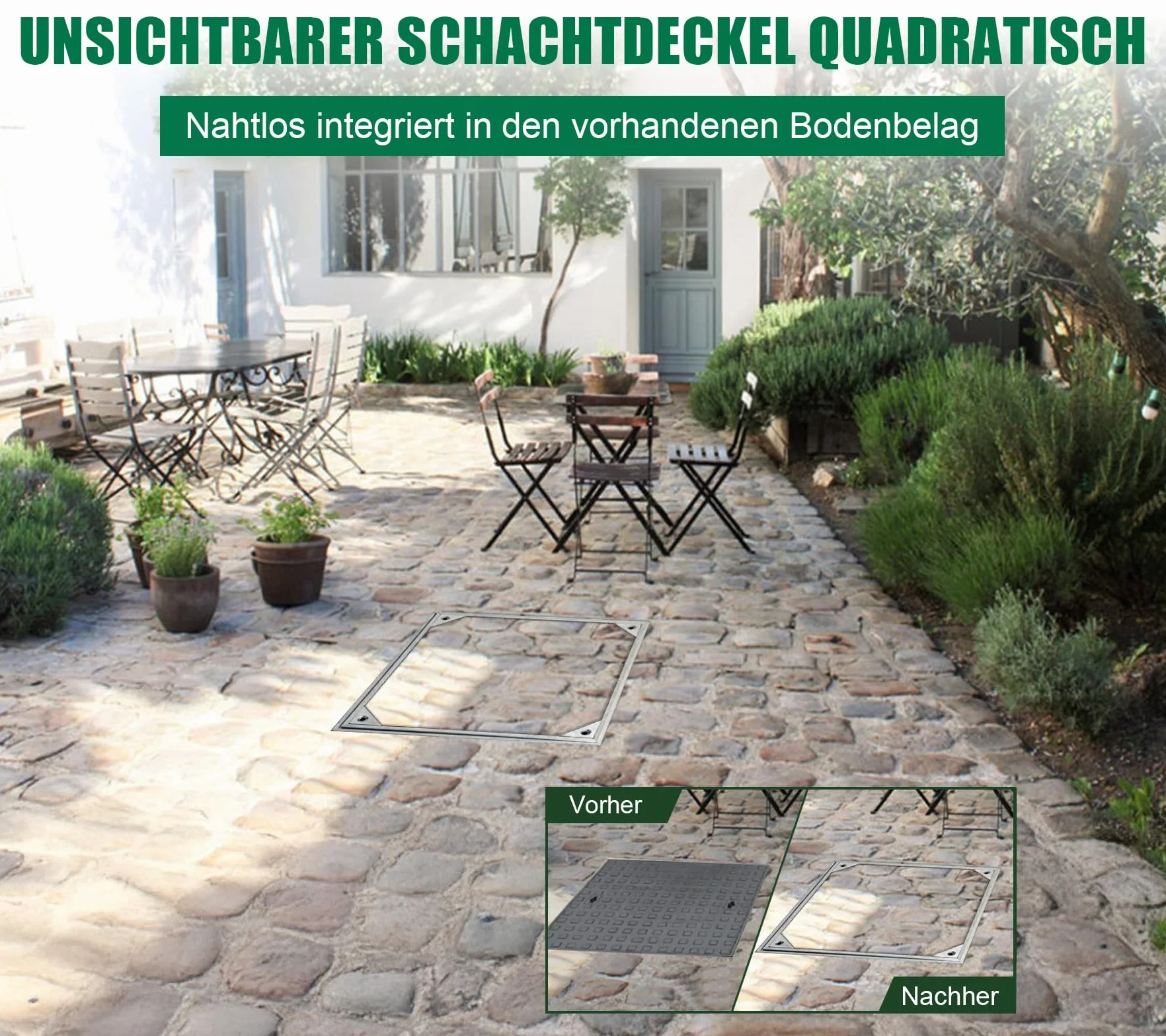 Tapa de alcantarilla de aluminio cuadrada. Ancho de la luz: 300 x 300 mm. Se puede rellenar con junta de goma. Tapa de alcantarilla para interior/exterior, resistente al olor/día, bajo ruido