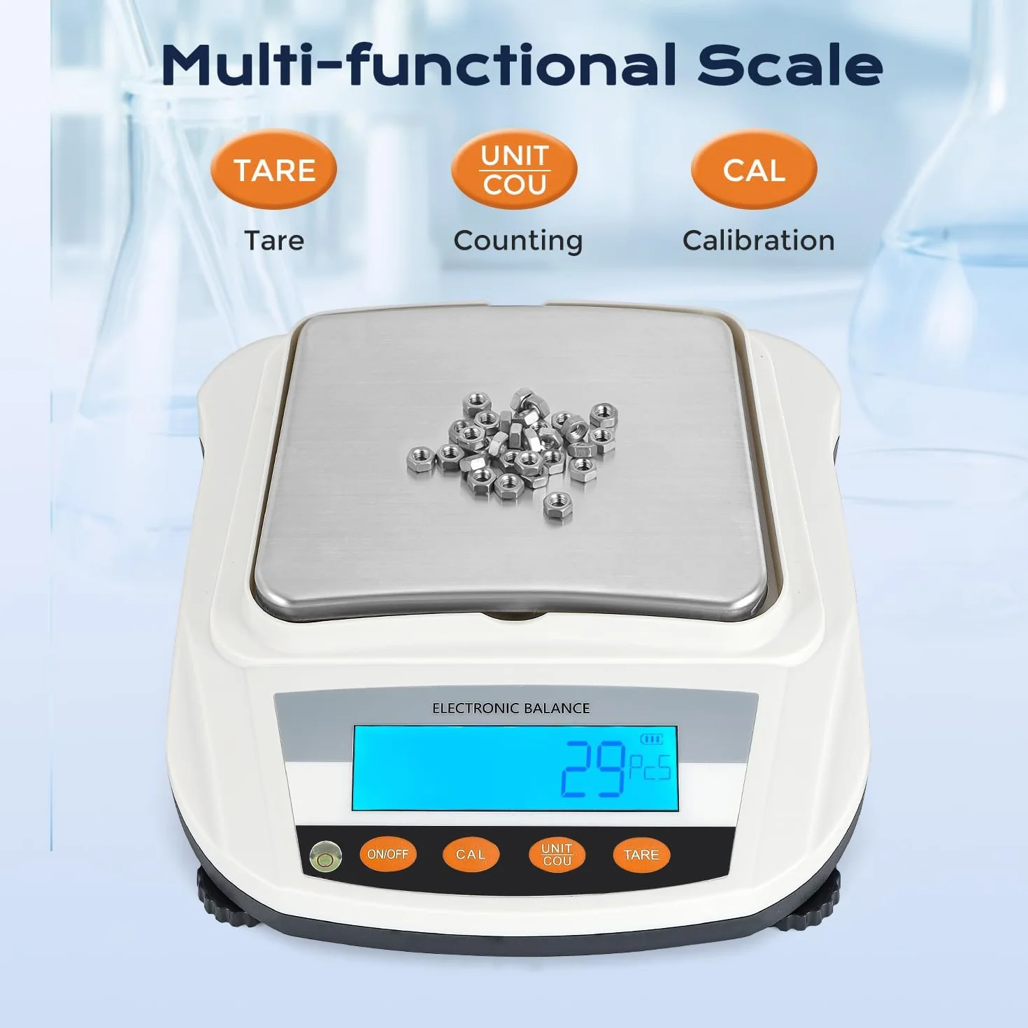 Bonvoisin Báscula analítica de 2000 g x 0,01 g, báscula de laboratorio de alta precisión con 17 unidades, función de conteo y calibración automática, placa de pesaje de acero inoxidable, doble