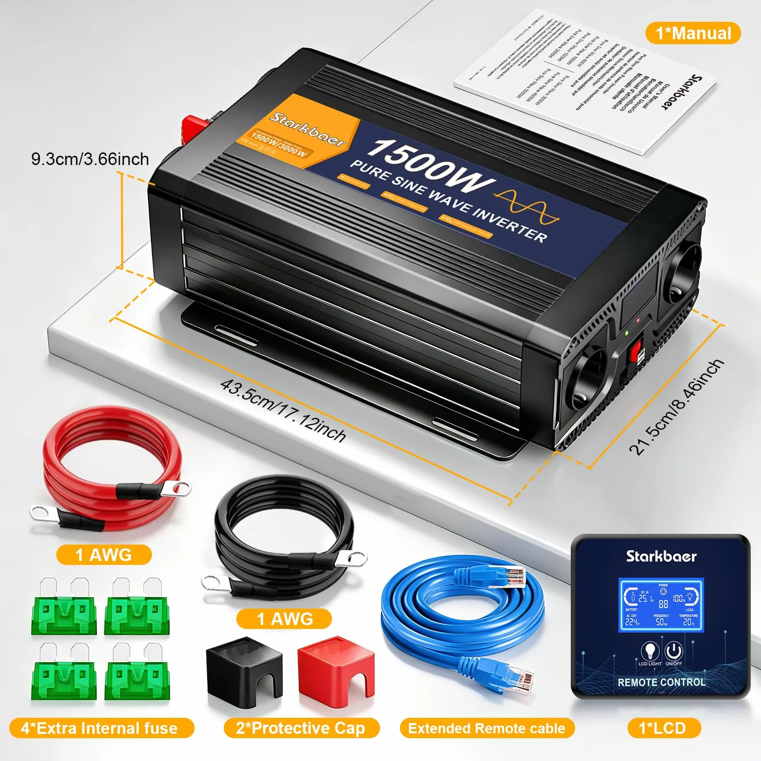 1500W/3000W inversor 24V 220V Onda Pura, Transformador 220v a 24v, convertidor para Coche, con Pantalla LCD, Mando, Enchufe CA y USB-C. Ideal para autocaravanas, Coches, Solar, Camping y apagones