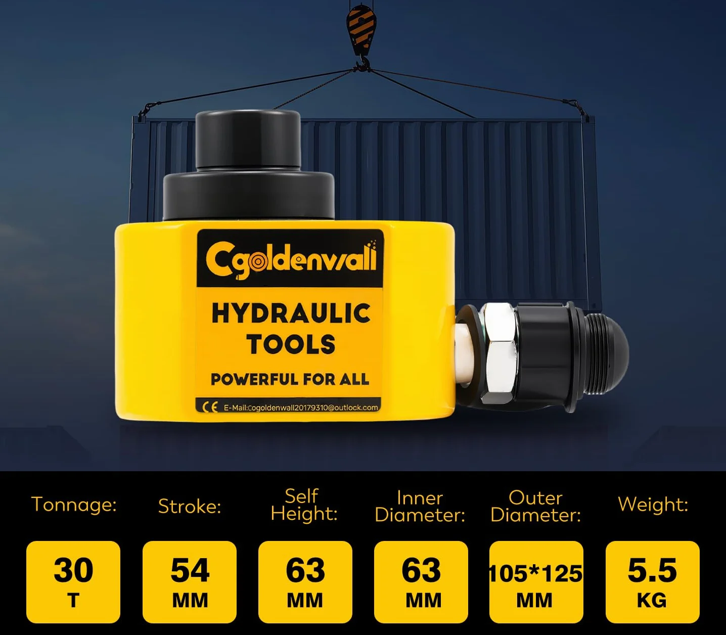 CGOLDENWALL Gato Hidráulico 30T, 54mm Carrera, 63mm Altura Propia, Área Efectiva 31.1cm², para Maquinaria de Construcción (DFPY-30T)