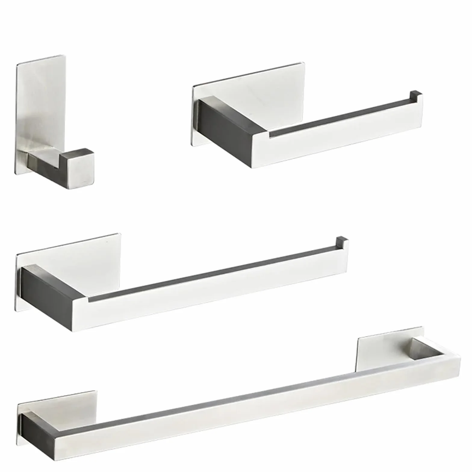 Juego de Accesorios de Baño de Acero Inoxidable Plateados, Toallero, Soporte de Papel Higiénico, Gancho, 4 Piezas