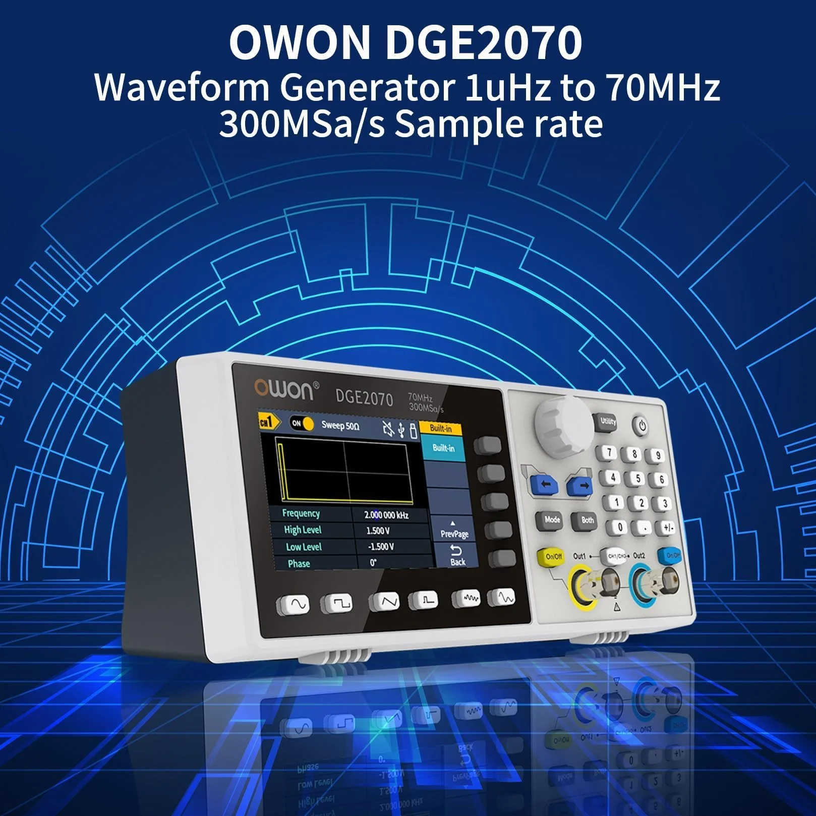OWON DGE2070 generador portátil de forma de onda arbitraria, pantalla LCD de 3,6 pulgadas, canales duales, salida de frecuencia de 70 MHz, frecuencia de muestreo máxima de 300 MSa/s con generador