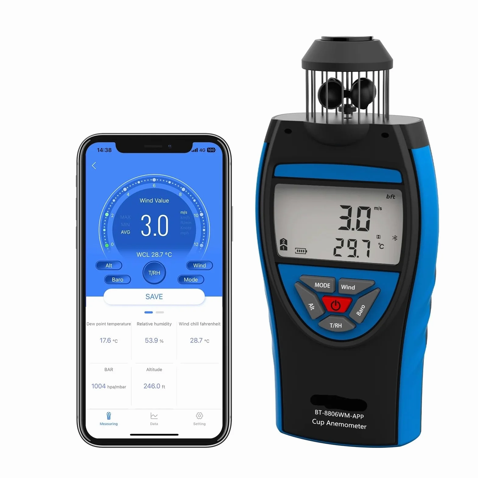 Anemómetro, Anemómetro digital de 0,3 a 42 m/s, velocidad del viento, volumen aire promedio HVAC, altitud en CFM, presión barométrica