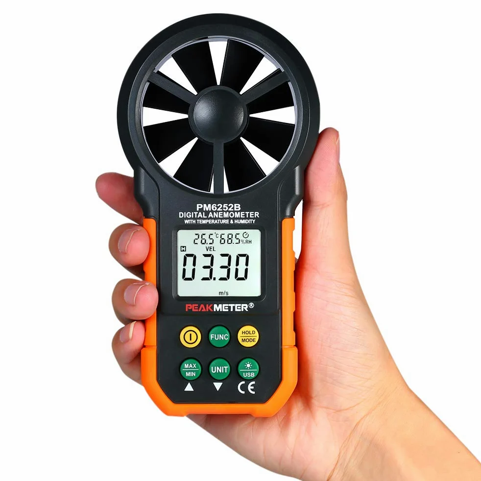 PEAKMETER Anemómetro digital multifunción Medidor de velocidad del viento profesional Anemómetro digital LCD Volumen de aire/temperatura/humedad para recopilación de