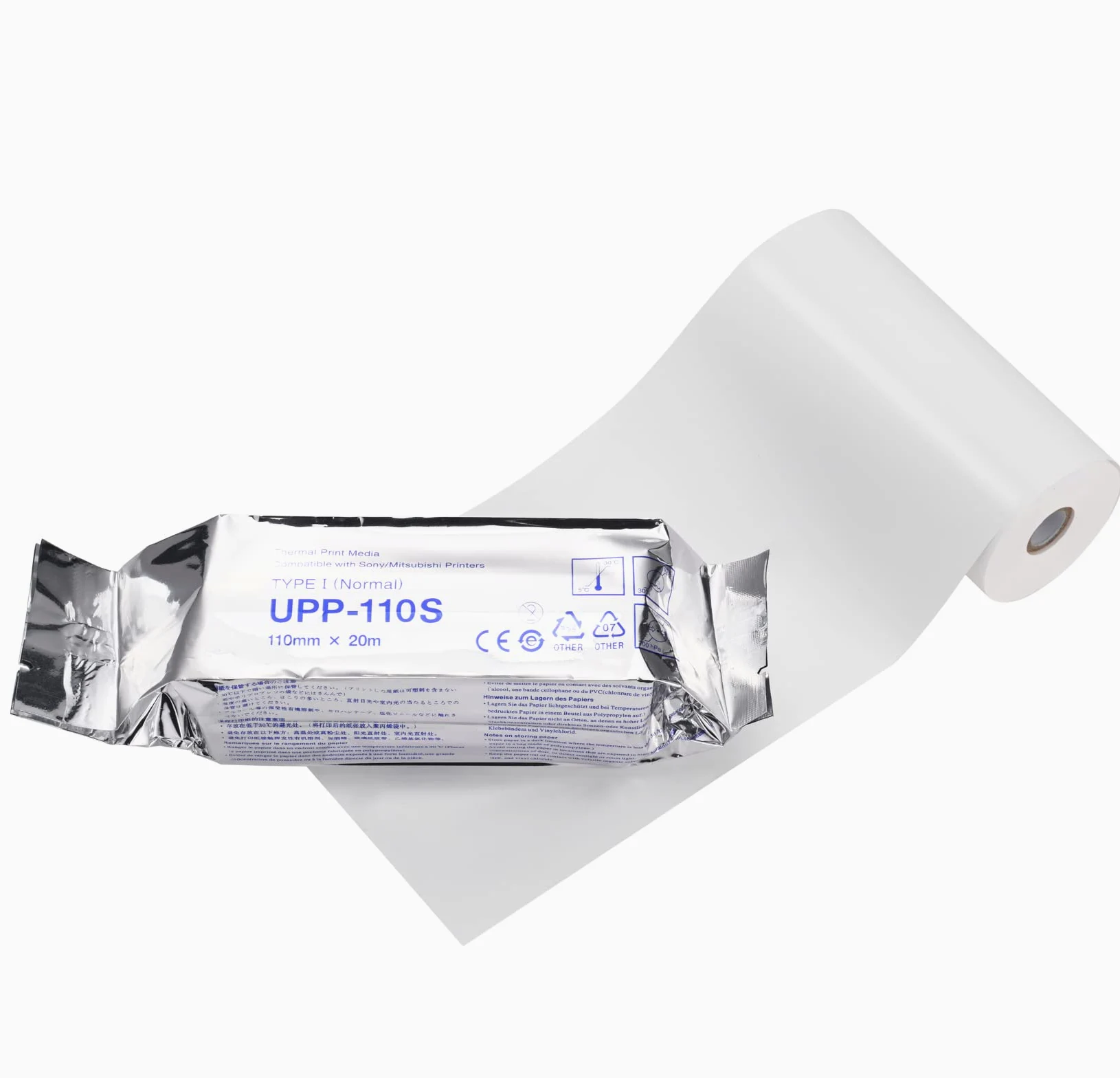 UPP-110S Sony - Papel ultrasonido compatible tipo I (nominal), medios de impresión térmica para impresora en blanco y negro (110 mm x 20 m), reemplazo para película de ultrasonido Sony (10 rollos)