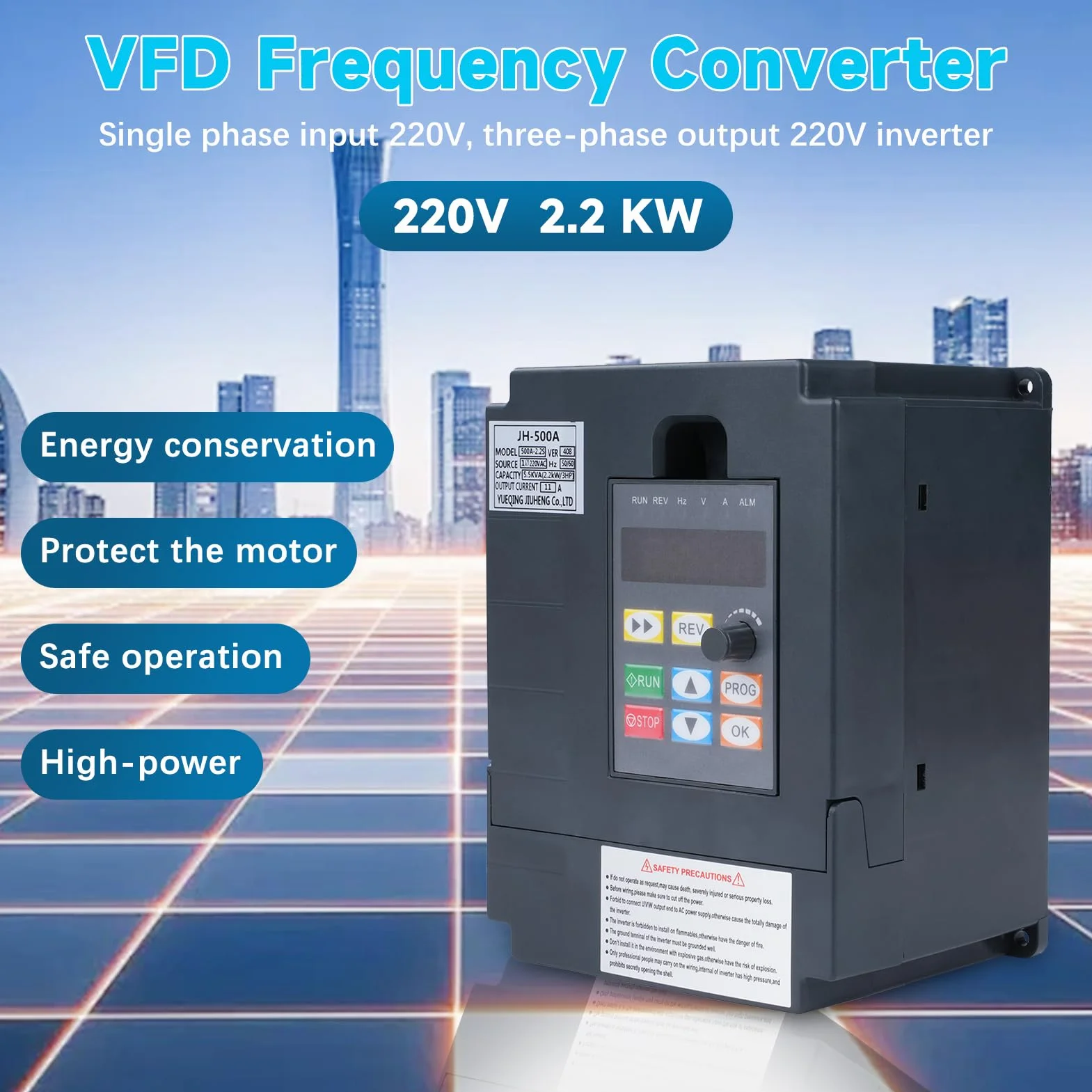 2.2kw Variador de frecuencia 220V Entrada monofásica 220V Salida trifásica 220V Convertidor de frecuencia VFD Cuadro de control extraíble modelo JH-500A (con cable de extensión de 1m)