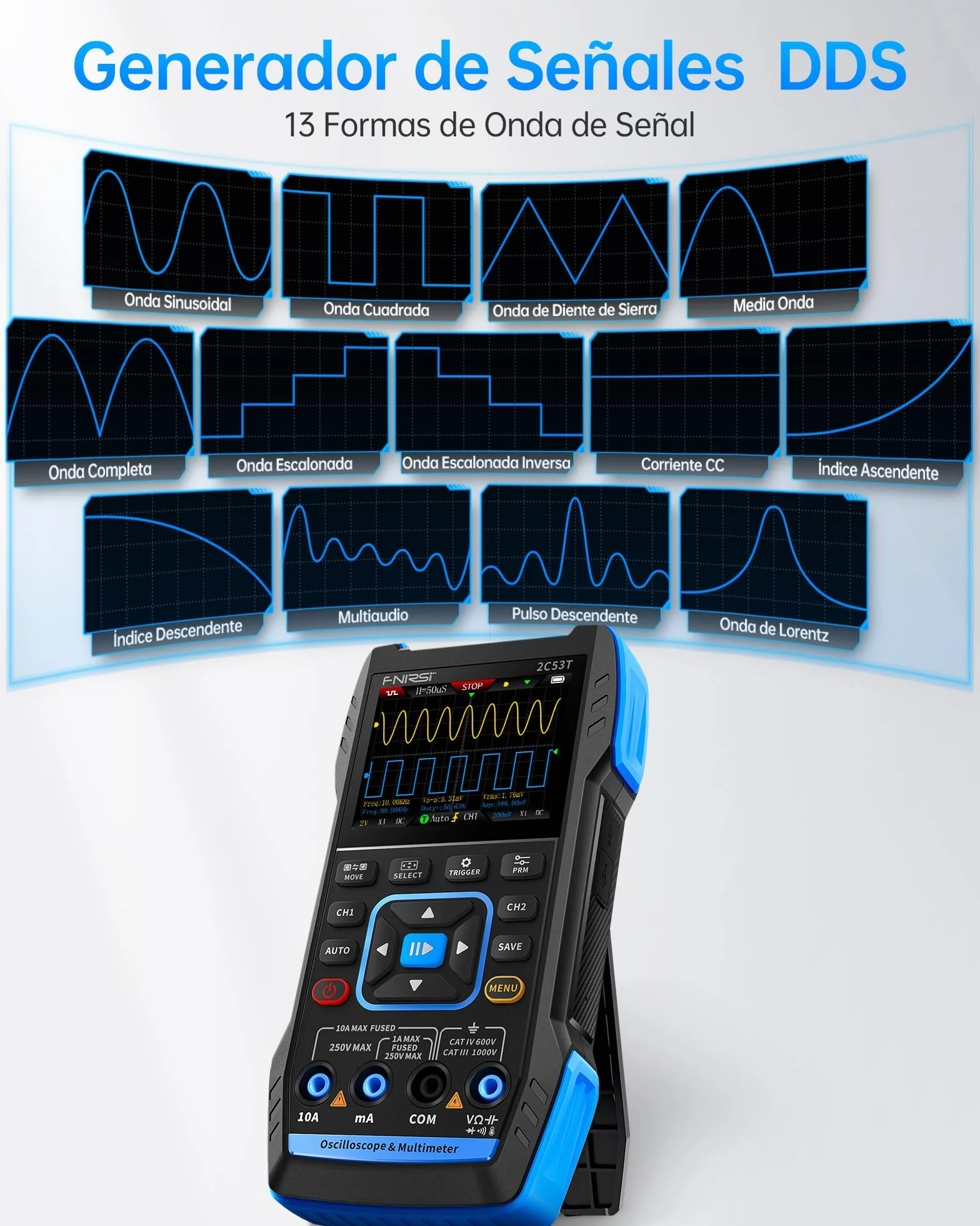 FNIRSI 2C53T Osciloscopio Portátil, Digital Osciloscopio/Multímetro/Generador de Señales DDS 3 En 1, Frecuencia de Muestreo de 50MHz 250MS/s, 19999 Recuentos, Voltaje, Corriente, Condensador