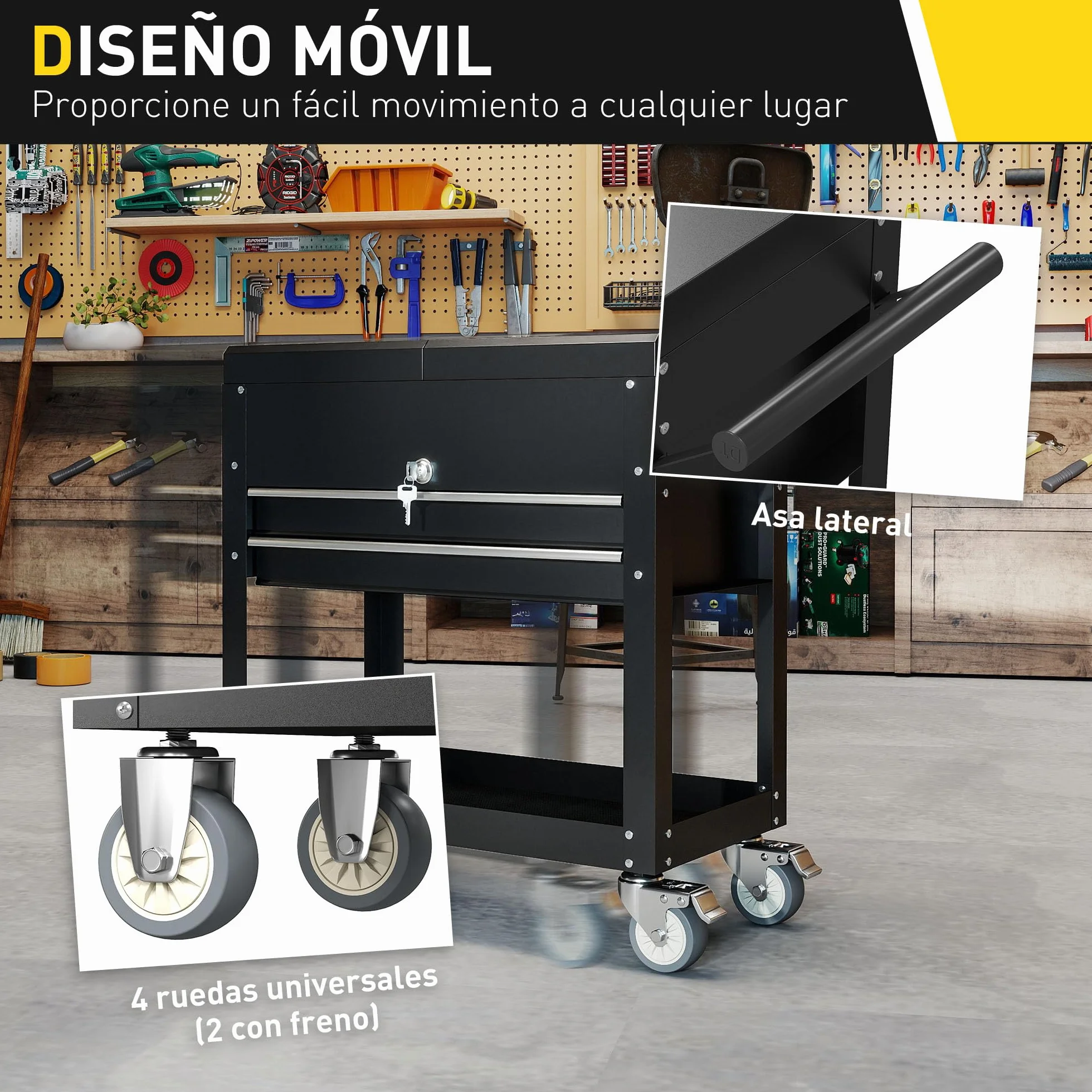 HOMCOM Carro de Herramientas con Ruedas, Carro de Taller Móvil con Tapa Deslizante, 2 Cajones con Cerradura, Bandeja, Caja de Herramientas de Acero, para Taller, Garaje, Negro