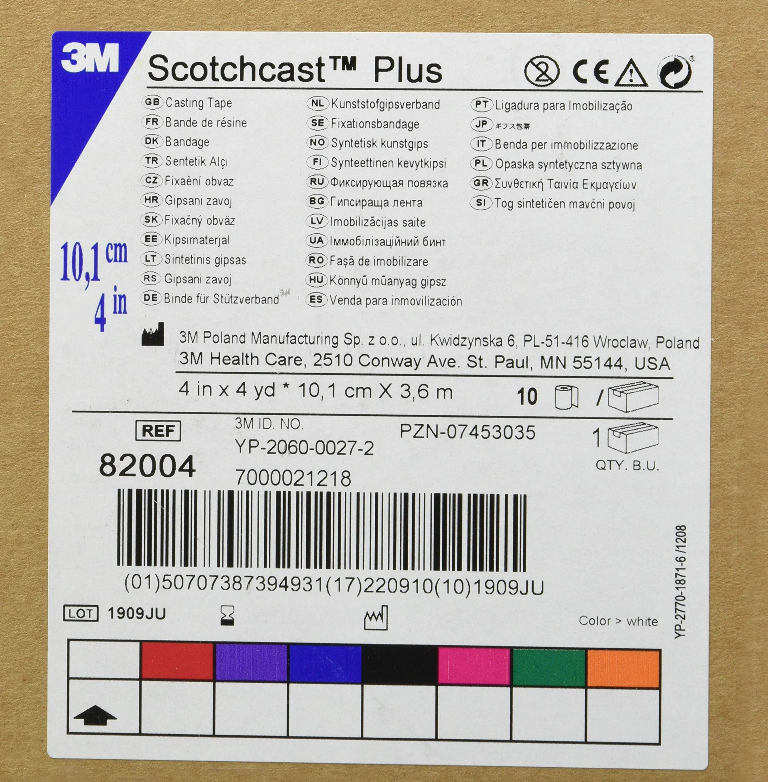 3M Scotchcast Plus, vendaje de fibra de vidrio con resina de poliuretano activable con agua, ligero, resistente, transpirable, color blanco, 10 cm x 3,65 m, paquete de 10 unidades