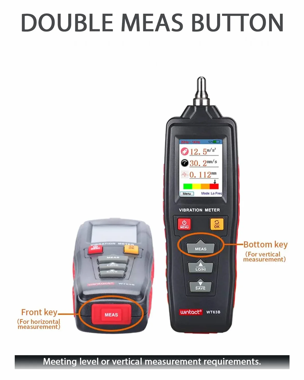 Wintact Medidor de vibración mecánico digital de mano, 0,01 ~ 199,9 mm/s, analizador de vibración mecánico, medidor de aceleración, velocidad, medición de desplazamiento para HVAC, motores, motores,