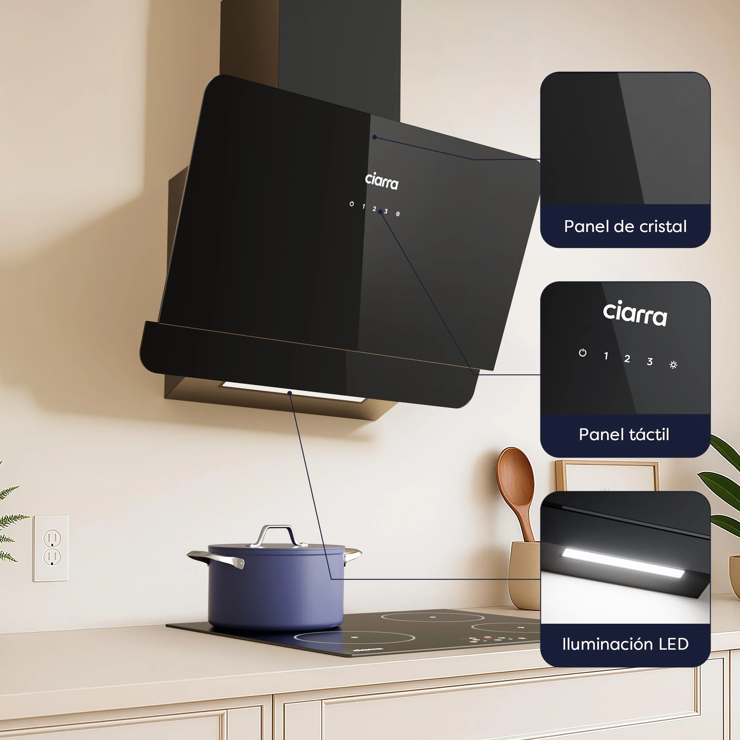 Ciarra CBCB6765C Campana de Pared Inclinada 60 cm 580 m³/h Clase A+ Control Táctil Panel de Cristal Negro