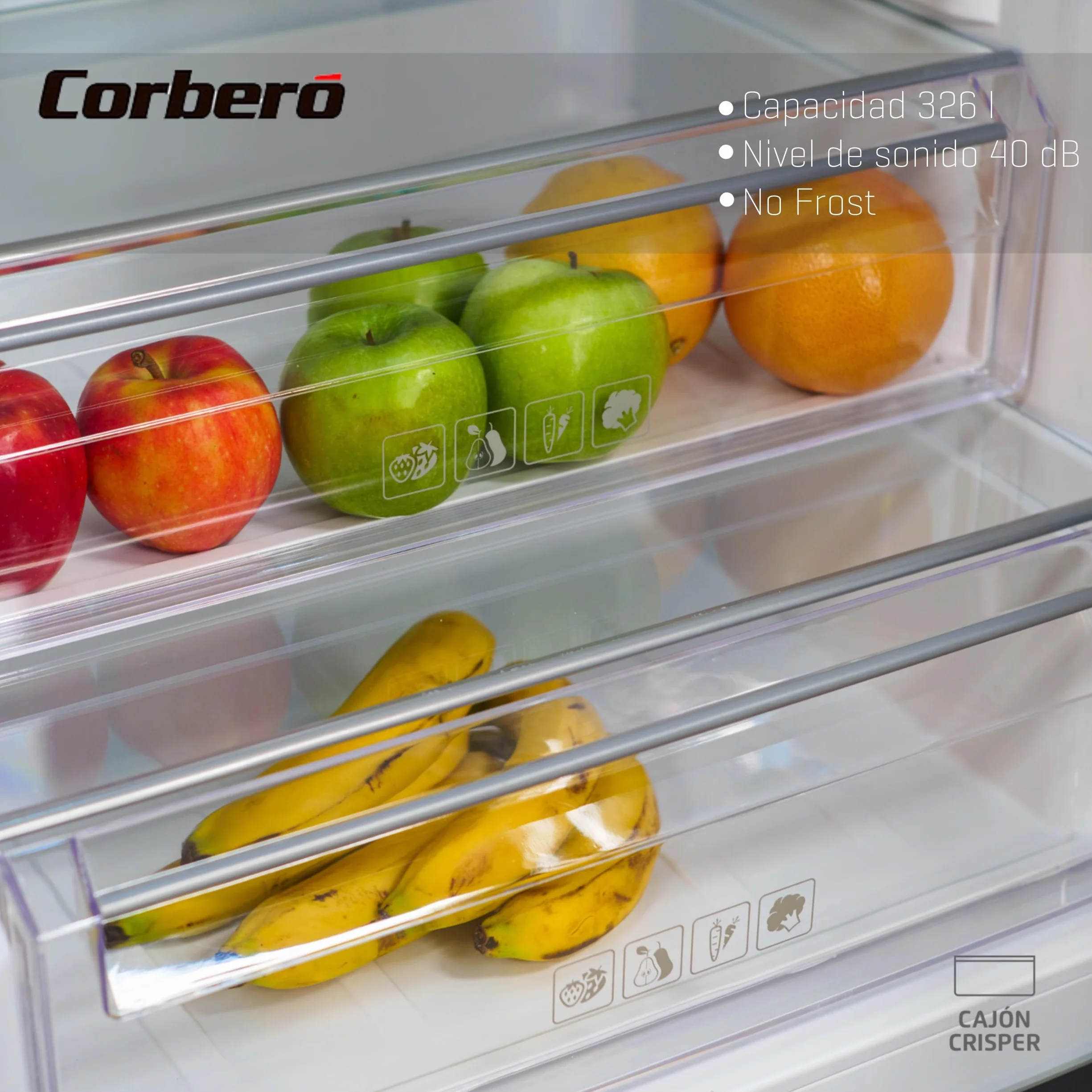 Corbero Frigorífico Combi No Frost 326L 201cm Luz LED Fresh Box Cajón Crisper Estantes Cristal Ajustables Inox