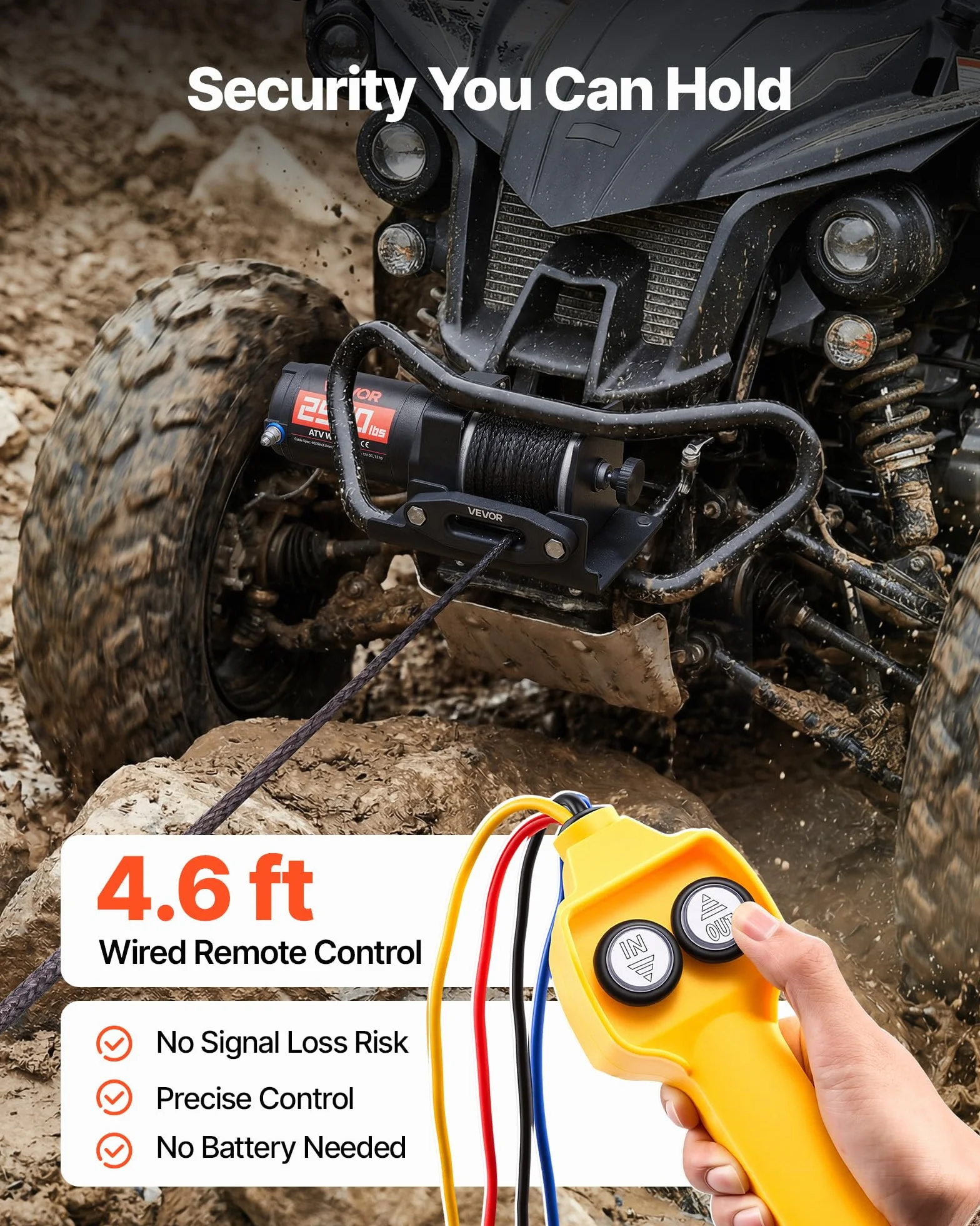 VEVOR Cabrestante Eléctrico 12V 1134 kg para ATV con Cuerda Sintética de 4,8 mm x 12 m, Motor 0,9 kW, Control Remoto con Cable, Soporte de Montaje, Guía de Cable y Gancho para Todoterreno Exteriores