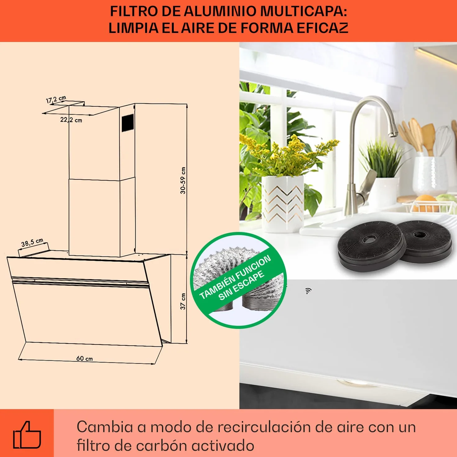 Klarstein Campana Extractora Decorativa 60 cm Luces LED, Flujo Aire 594m³/h, Control de Panel Táctil, Extractores de cocina con Anti Grasa, Eficiencia Clase A