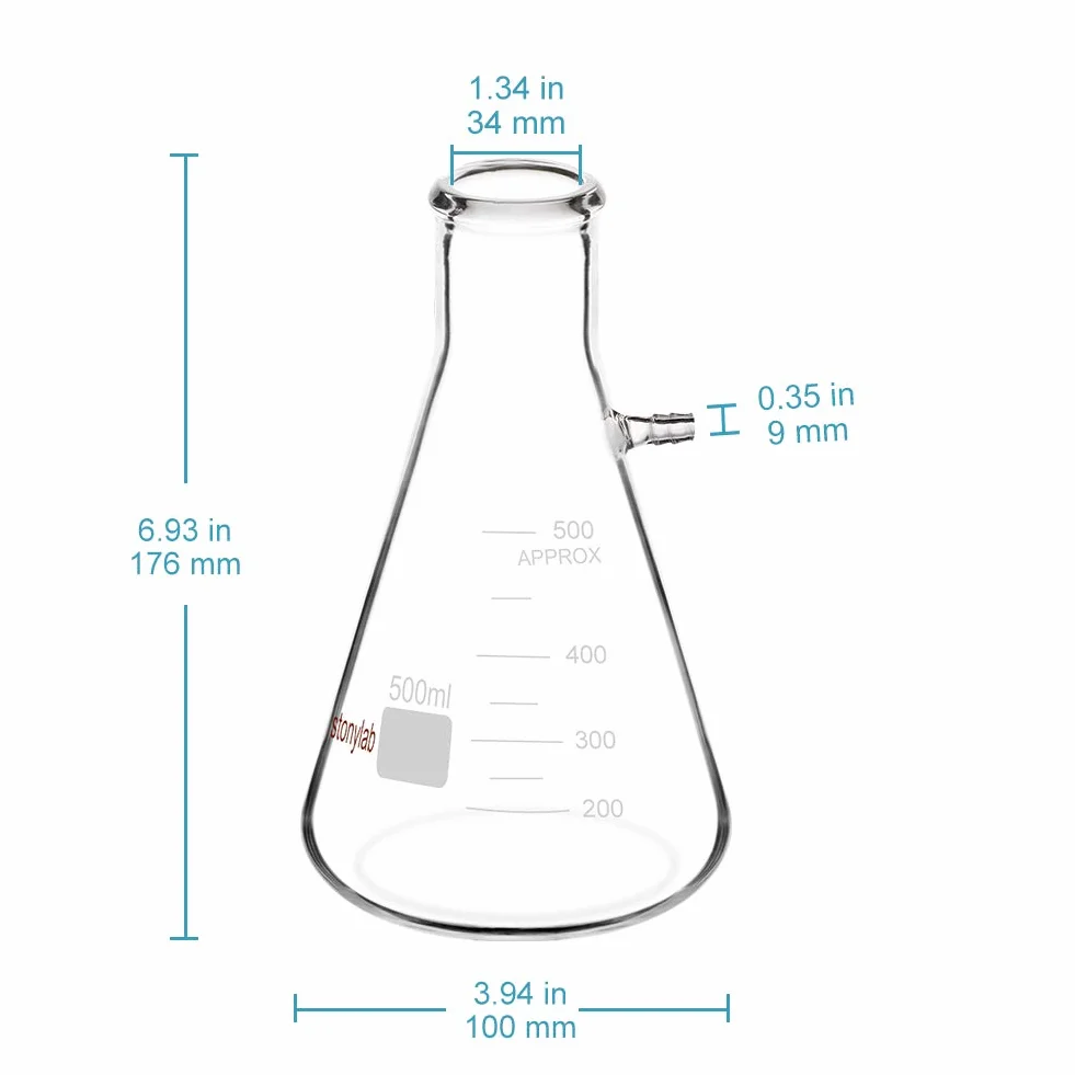 Frasco de filtración de vidrio borosilicato StonyLab 500ml, perno de cuello con tubo