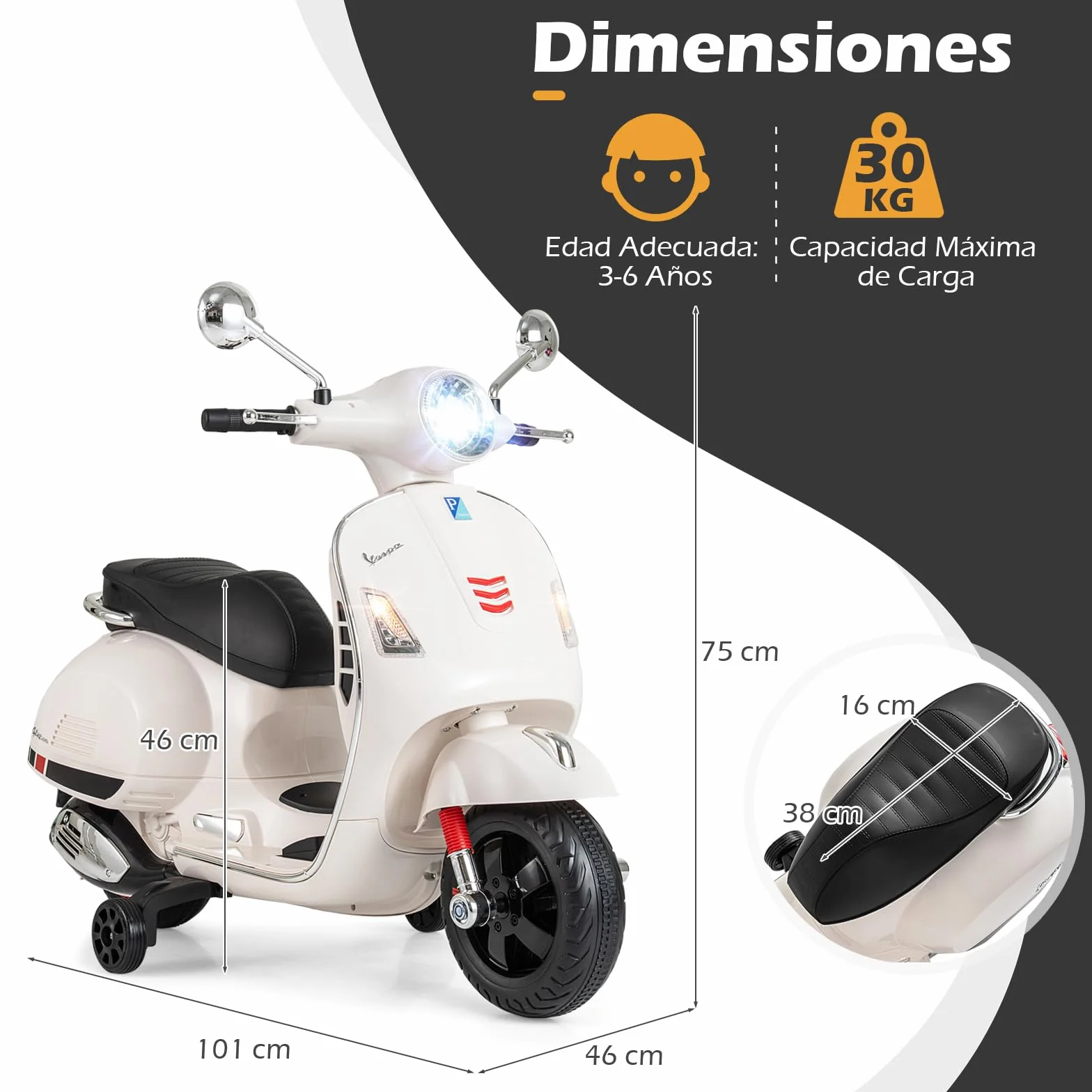 COSTWAY Moto Eléctrica para Niños Vespa 12V, 4 Ruedas, Música, Bocina, Faros, Motocicleta Infantil con Motor Doble, 3-6 Años