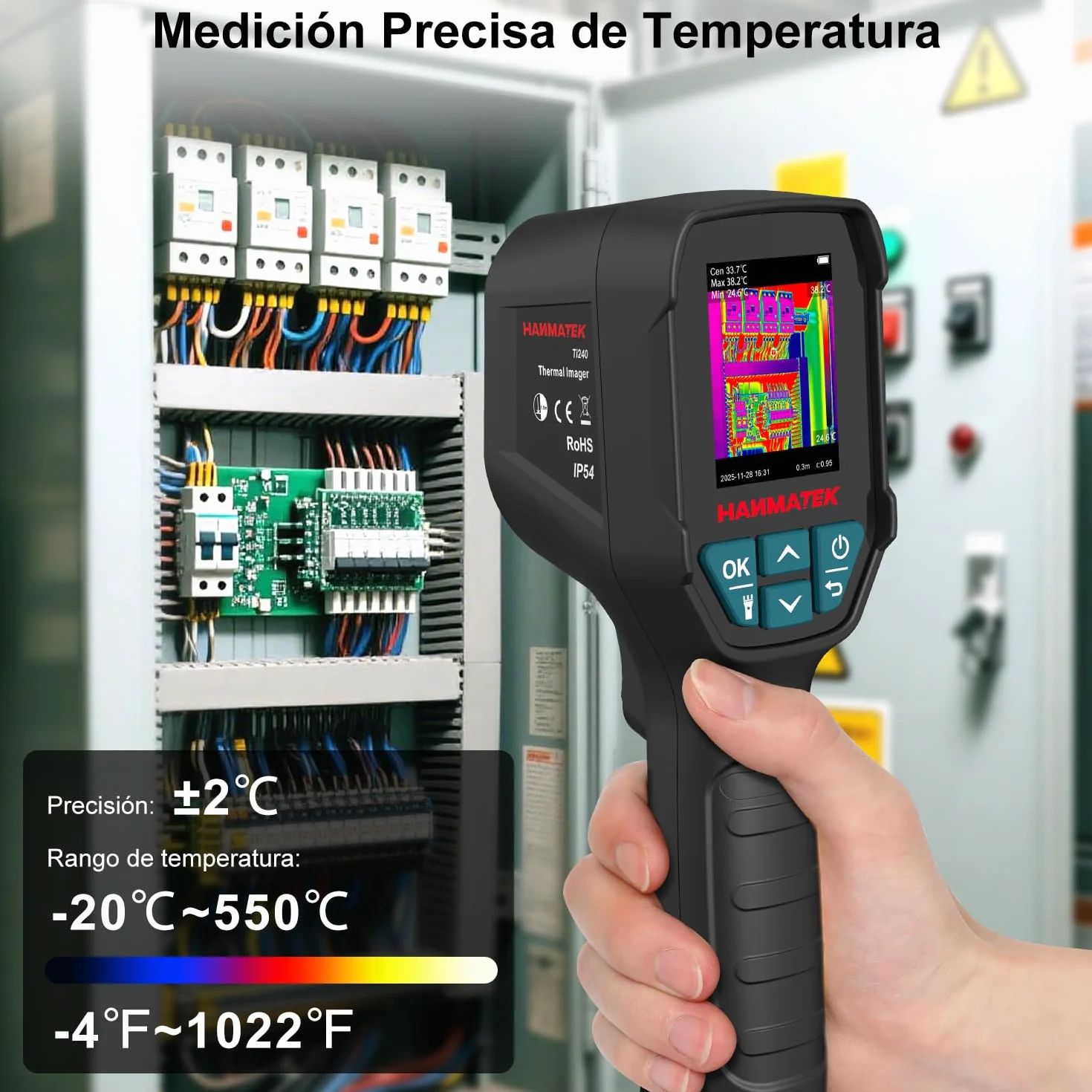 HANMATEK Termógrafo Profesional, Cámara Térmica 96x96 IR, Sensibilidad ≤60mK, TISR 240x240, Pantalla 2.4", Alarma, Rango -20 -550°C, para Mantenimiento Eléctrico y Mecánico
