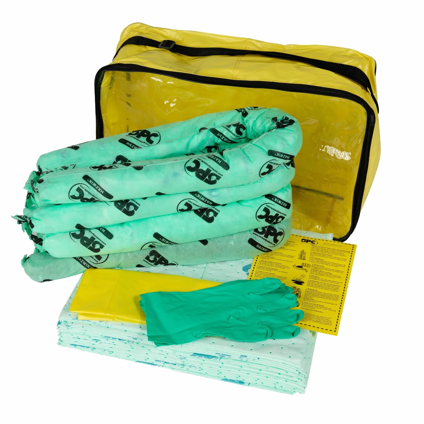 SPC® by Brady Kit Anticontaminación Químico – Kit Portátil para Derrames de Sustancias Químicas Peligrosas, Incluye 25 Almohadillas Absorbentes Químicas, 4 Calcetines, Guantes y Bolsa para Desechos