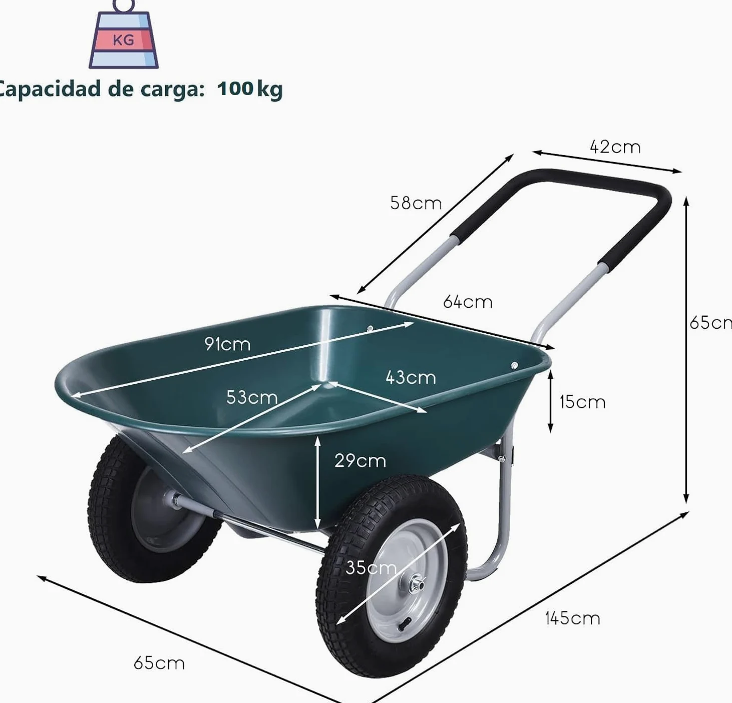 COSTWAY Carretilla con 2 Ruedas de Jardín, Carro Resistente con Estructura en Acero Robusto y Ruedas Neumáticas 35,5 cm, Gran Capacidad de Carga de 100 kg (Verde)