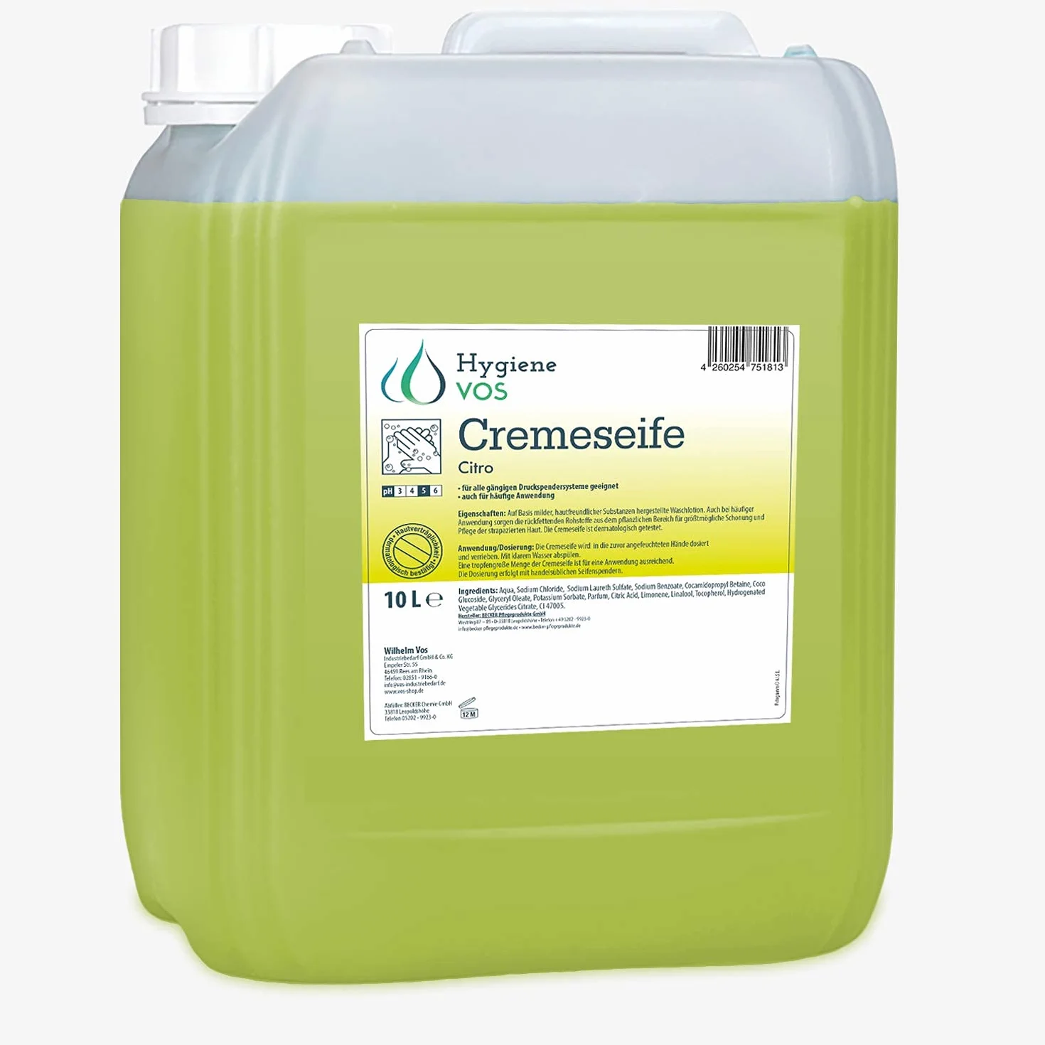 Jabón Líquido de Manos Hygiene VOS 10L pH Neutro Citrón Biodegradable