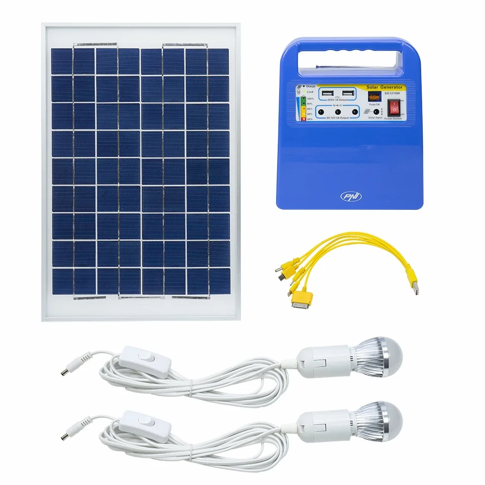 PNI Panel Solar, Sistema de energía Solar portátil, generador de energía Greenhouse H01 30W con batería de 12V / 7Ah, USB/Radio / MP3, 2 Bombillas LED