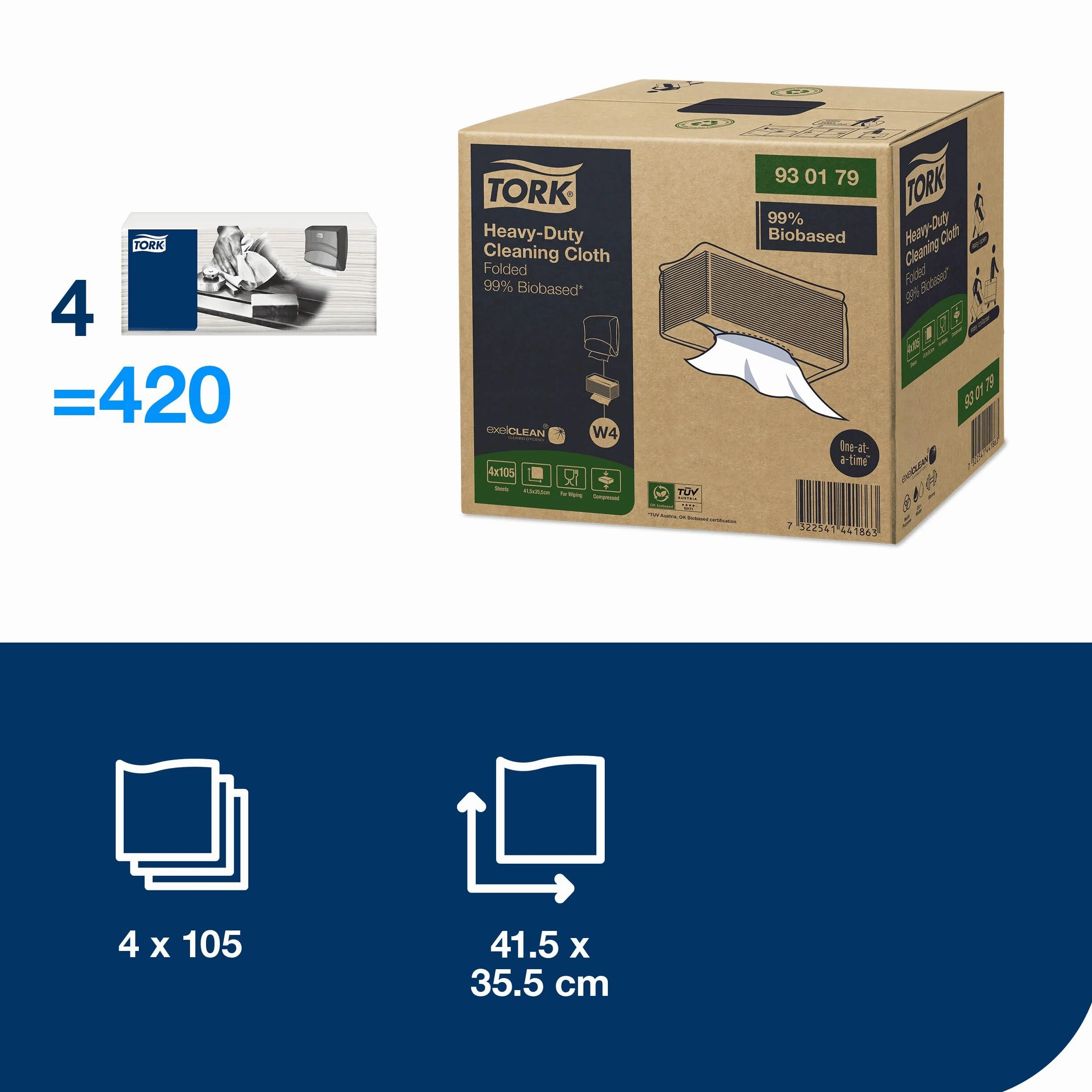 Tork Trapo de Limpieza Blanco de Base Biológica W4, 1 Capa, 4 x 105 Bayetas, 930179