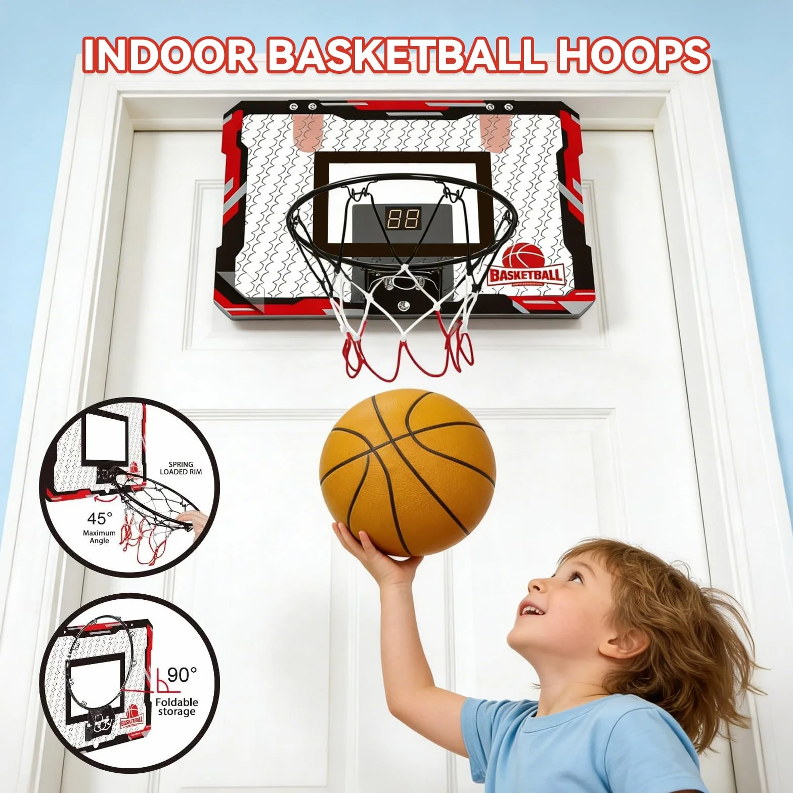 Canasta Baloncesto Infantil TEKXDD Mini con 3 Pelotas y Marcador Rojo