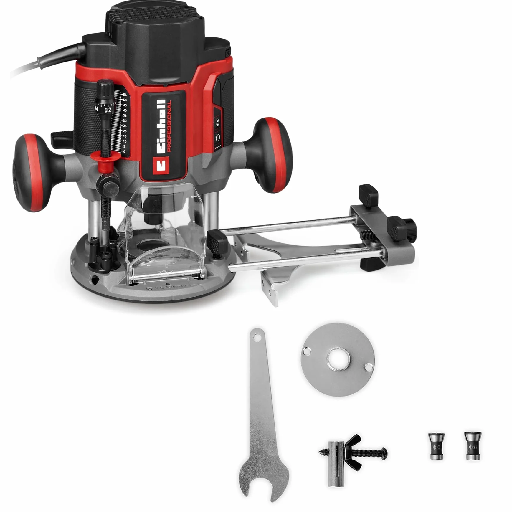 Einhell Professional fresadora superior TP-RO 1400 E (1400 W, altura de elevación 55 mm, pinzas de sujeción Ø 6 y 8 mm, luz LED, incl. tope paralelo, punta de compás, manguito de copia y herramienta)