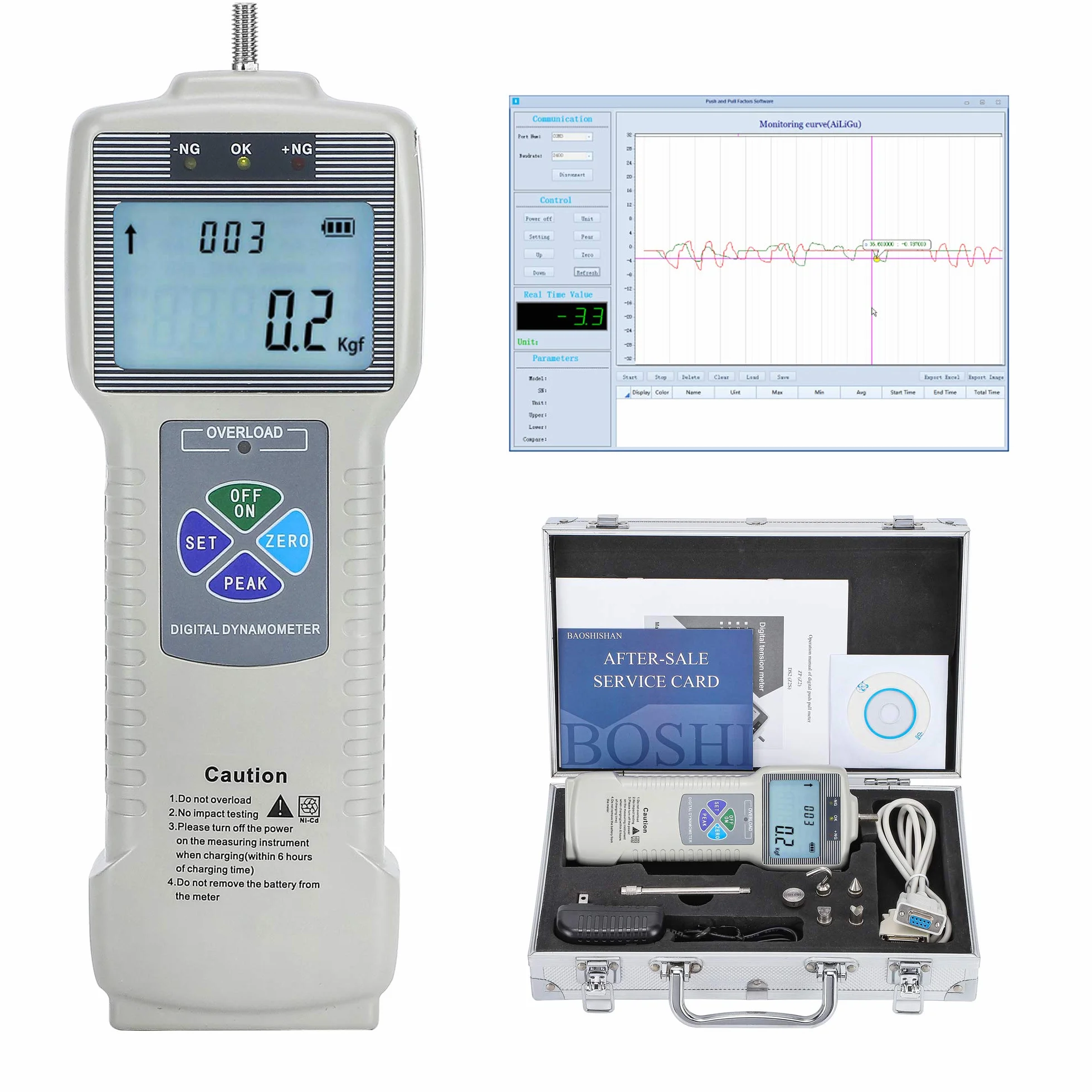 BAOSHISHAN Medidor de Fuerza Digital Indicador de Fuerza 50N/11Lbf (Kgf/Lbf/N) Dinamómetro Embuje y Tracción Interfaz USB RS232 para Fuerza de Laboratorio Prueba Destructiva