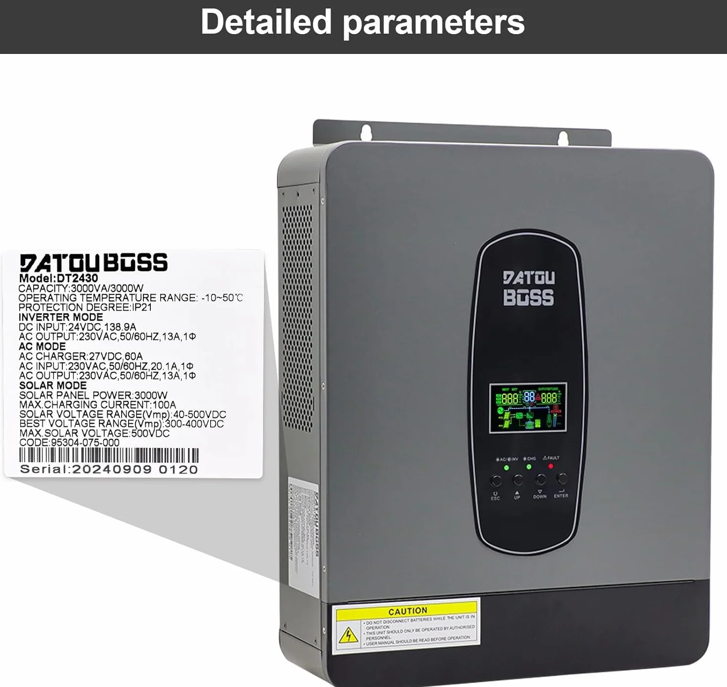 DATOUBOSS 3000 W Inversor híbrido de 24 V, inversor solar híbrido de 24 V, onda sinusoidal pura, 24 V CC a 230 V, MPPT 100 A y sistema de protección de batería BMS, para baterías de plomoácido y litio
