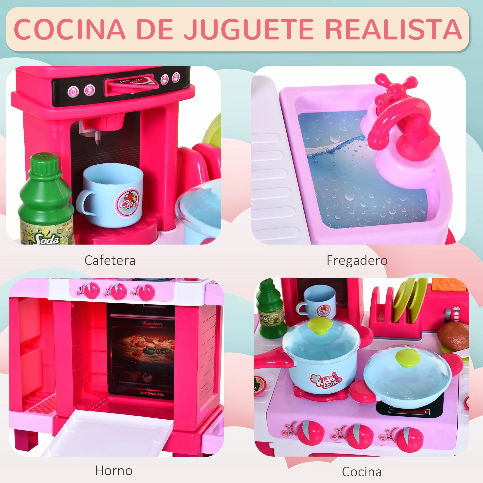 HOMCOM Cocina de Juguete para Niños 38 Accesorios Luz Sonido 78x29x87 cm Rosa
