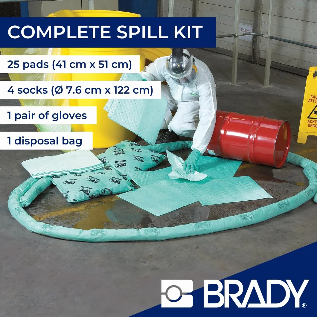 SPC® by Brady Kit Anticontaminación Químico – Kit Portátil para Derrames de Sustancias Químicas Peligrosas, Incluye 25 Almohadillas Absorbentes Químicas, 4 Calcetines, Guantes y Bolsa para Desechos