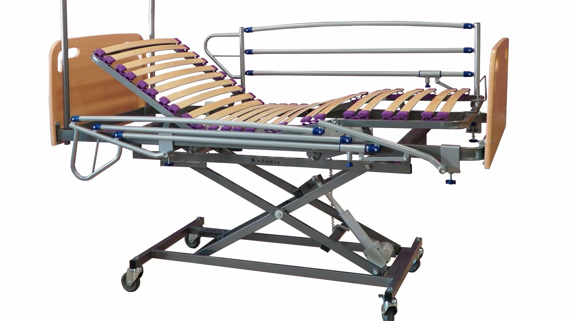 ekamia - Cama Articulada Geriátrica de Hospital Eléctrica con Carro Elevador, Cabecero, Piecero, Barandilla, Agarrador y Porta Gotero - 105cm x 190cm