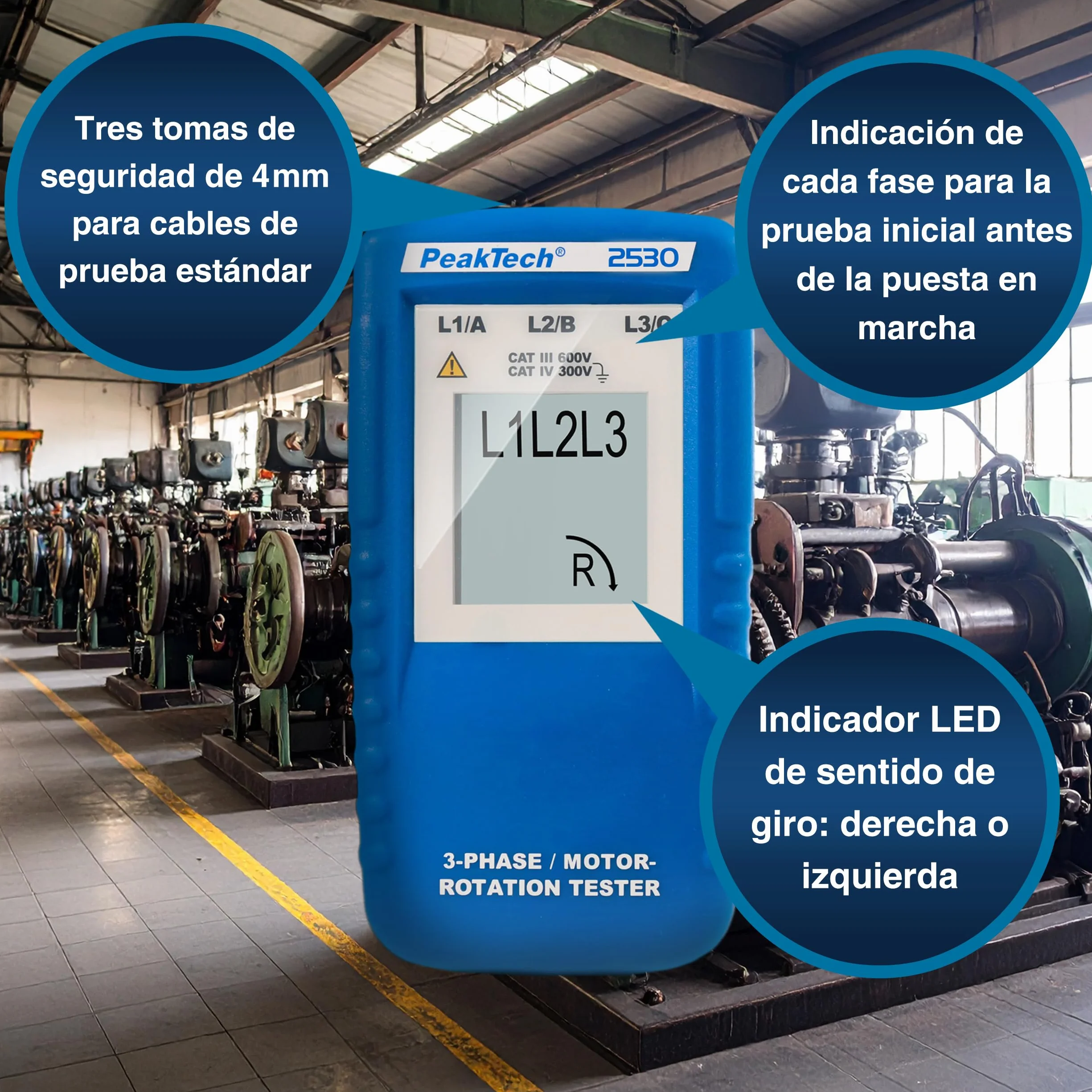 PeakTech 2530 Medidor de campo giratorio trifásico con pantalla LCD P 2530